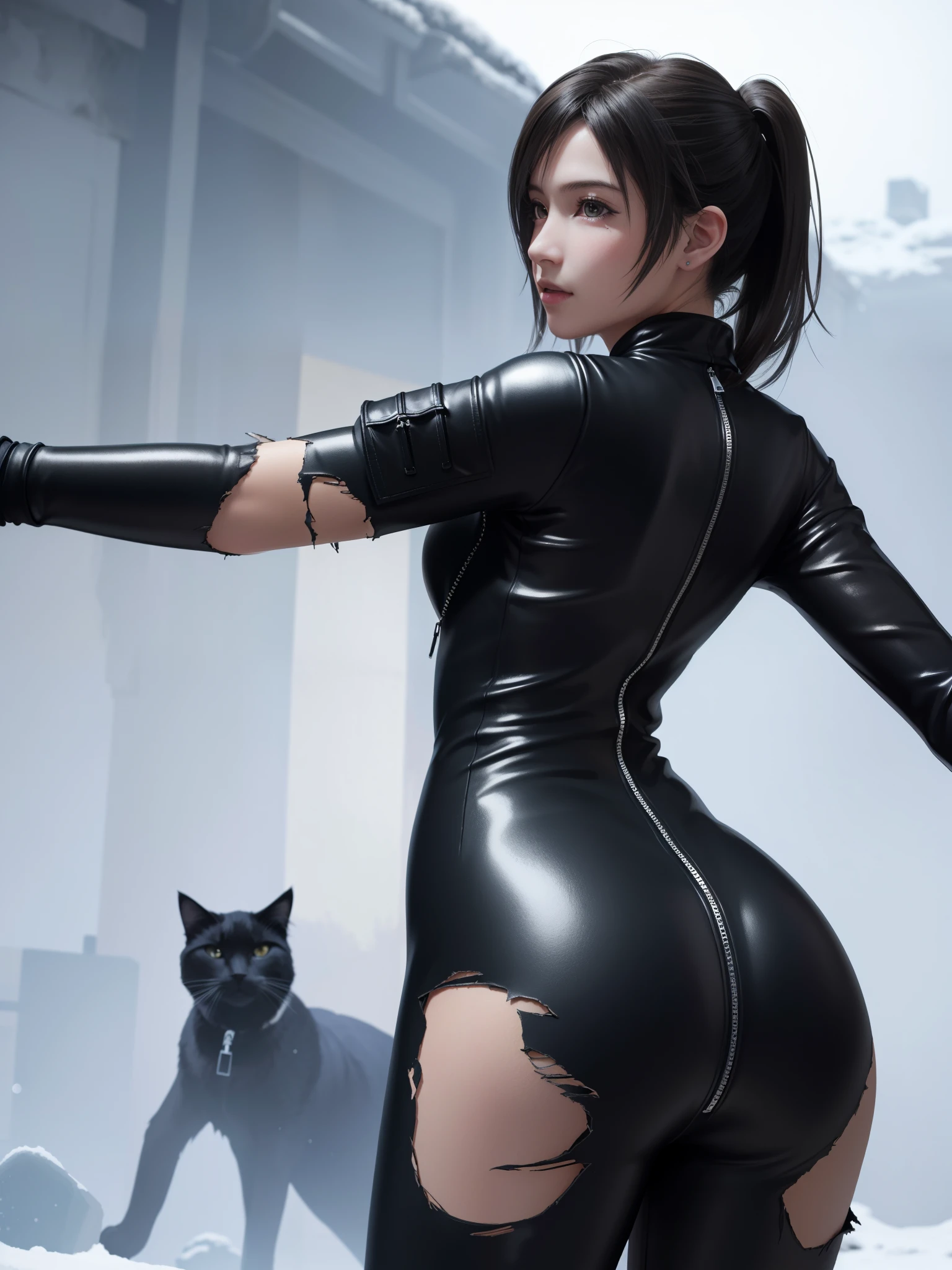 (Top Quality, Masterpiece: 1.1), (Realistic: 1.3), BREAK (((FF7,Tifa_lockhart))),(tifa_lockhart and monsters),(A dark, barely lit torture chamber:1.3,snow:1.2,night:1.1),(from behind:1.2, back hair),(face focus:1.1), BREAK (((FF7,Tifa_lockhart))),(Light Brown Hair, Large breasts: 1.2),(torn black catsuit:1.3,silver zip,zip down:1.8),(bare navel:1.3),(torn catsuit:1.2), BREAK (((FF7,Tifa_lockhart))),(shiny oiled skin: 1.1),(crowd of monster:1.3),(many monsters:1.2), ((stringy viscous liquid)),(no bra),(no panties),wet hair, about 18 years old,sensual, (sweat on body:1.3),(erotic pose:1.2),I want to make love to you , In the snow,Snow falls