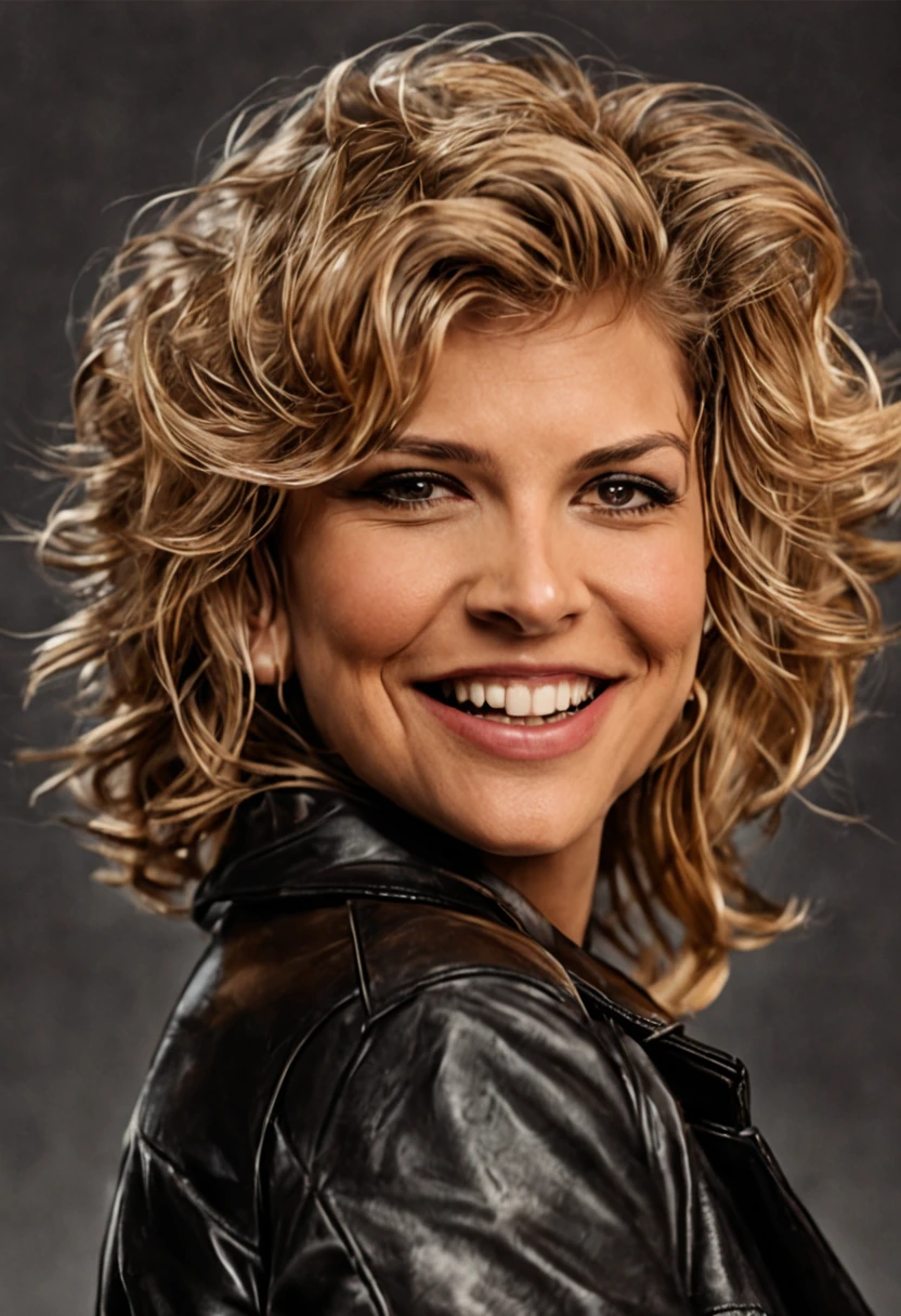 Tonia Carrero wearing a leather coat looking in front of the screen with a beautiful smile, with her shoulder facing the camera and her face facing the screen with an elegant smile