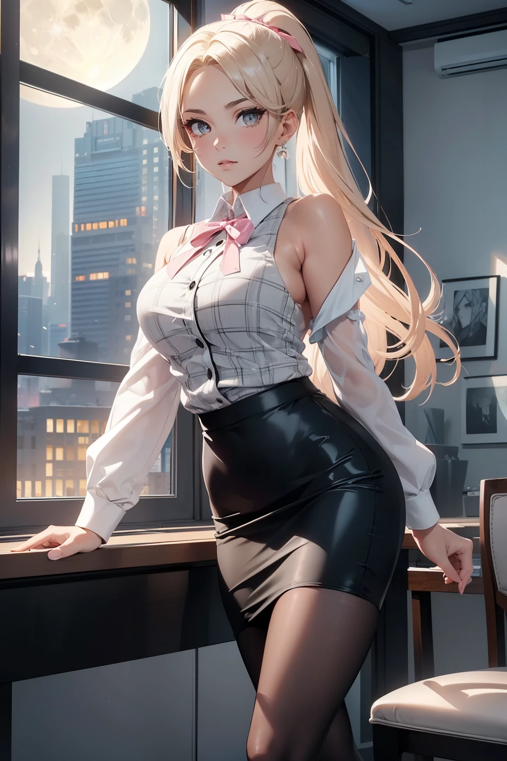 (best quality, 4k, 8k, highres, masterpiece:1.2), ultra-detailed, detailed face, detailed lips and eyes, anime style,
BREAK
Valerie the Thief beautiful caucasian woman with messy wavy shoulder length blonde hair, 23 years old, ((big eyes)), (brown eyes:1.3), brown eyebrows, fair skin, lean and athletic, attractive appearance, expressive face, beautiful hair tied in ponytail,
BREAK
(nowadays:1.5), (full moon:1.4), subtle shadows adding depth and dimension to the image.
An elegant, stylish, modern office with a large window providing a spectacular view of the city at night.
The office is beautifully decorated with high-quality furniture and tasteful artwork, adding a touch of sophistication to the space.
The desk is made of sleek, dark wood, complementing the overall aesthetic.
The windows are floor-to-ceiling, allowing ample moon light to flood the room.
The cityscape outside is vibrant, with twinkling lights illuminating the buildings.
The city's iconic landmarks can be seen in the distance. The office is bathed in a soft, warm glow, creating a cozy and inviting atmosphere.

BREAK
(white and gray theme:1.3), (wearing a [[white and gray plaid pattern]] vest over a long sleeve white collared-shirt:1.4), (buttoned gray vest:1.2),
BREAK
(pink theme:1.2), (pink ribbon bow:1.3),
BREAK
(black theme:1.4), (tight black pencil skirt:1.5), (pantyhose:1.3), (high heels:1.1),
BREAK
detailed perfect fingers, detailed perfect hands, detailed perfect face, intense blushing, (solo:1.2),
BREAK
standing in front of desk, facing viewer, (bowing deeply, bowing respectfuly at viewer:1.6)