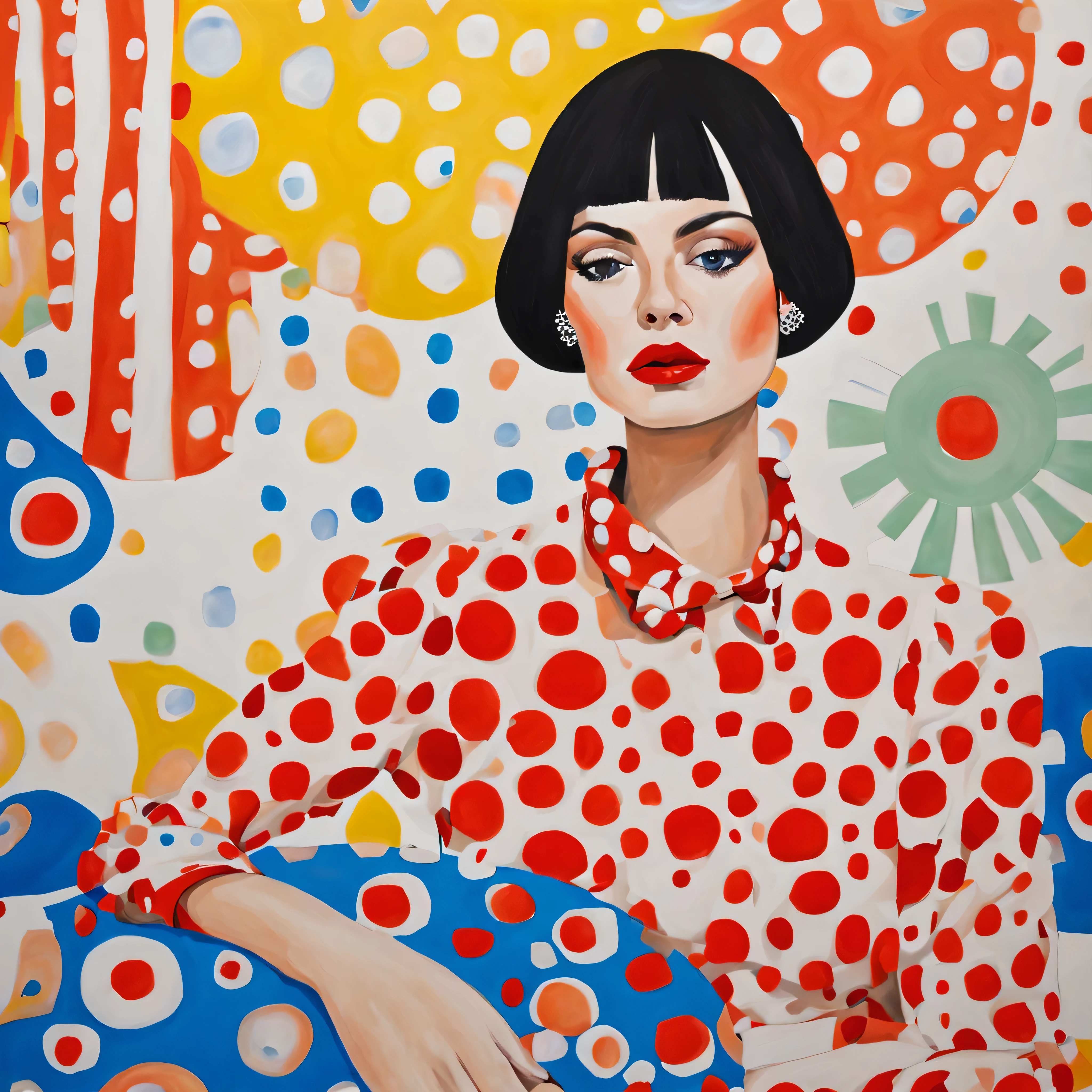 pintura de uma mulher com blusa de bolinhas e saia listrada, inspirado em Yayoi Kusama, inspirado em Yayou Kusama, inspirado em Kusama, inspirado em Taro Okamoto, inspirado em Taro Yamamoto, inspirado no Yahoo Kusama, inspirado em Alexander Milne Calder, luxury fashion illustration, inspirado em Tang Di, inspirado em Joan Brown, fashion illustration