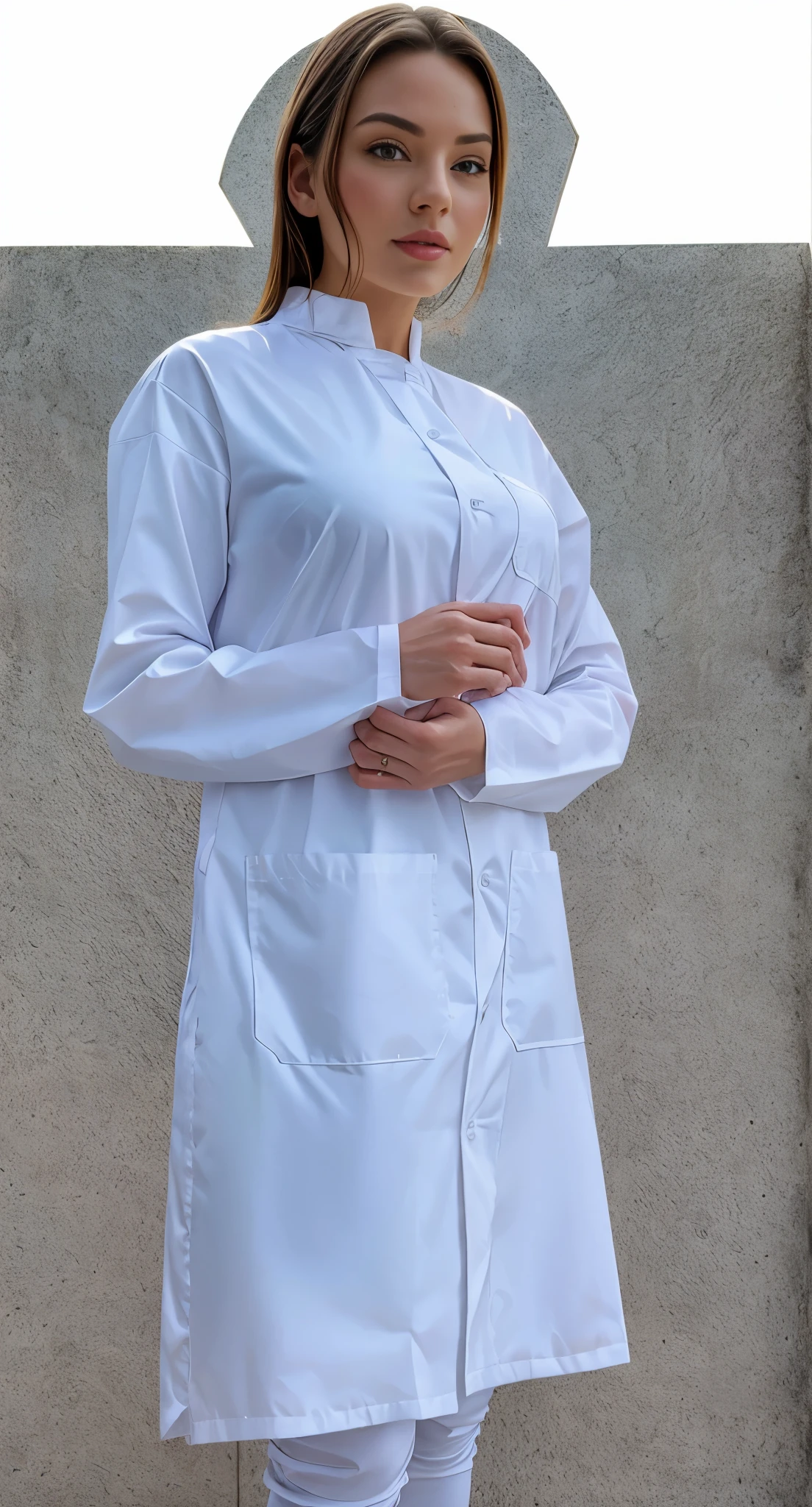 beautiful woman in a white lab coat standing in front of a wall, lab coat, lab coat, wearing lab coat and a blouse, wearing lab coat, wearing a lab coat, casaco branco, white lab coat, lab coats, wearing a white lab coat, wearing a lab coat, with a lab coat, lab coat and tee shirt, wearing lab coat, perfect hands, full hd