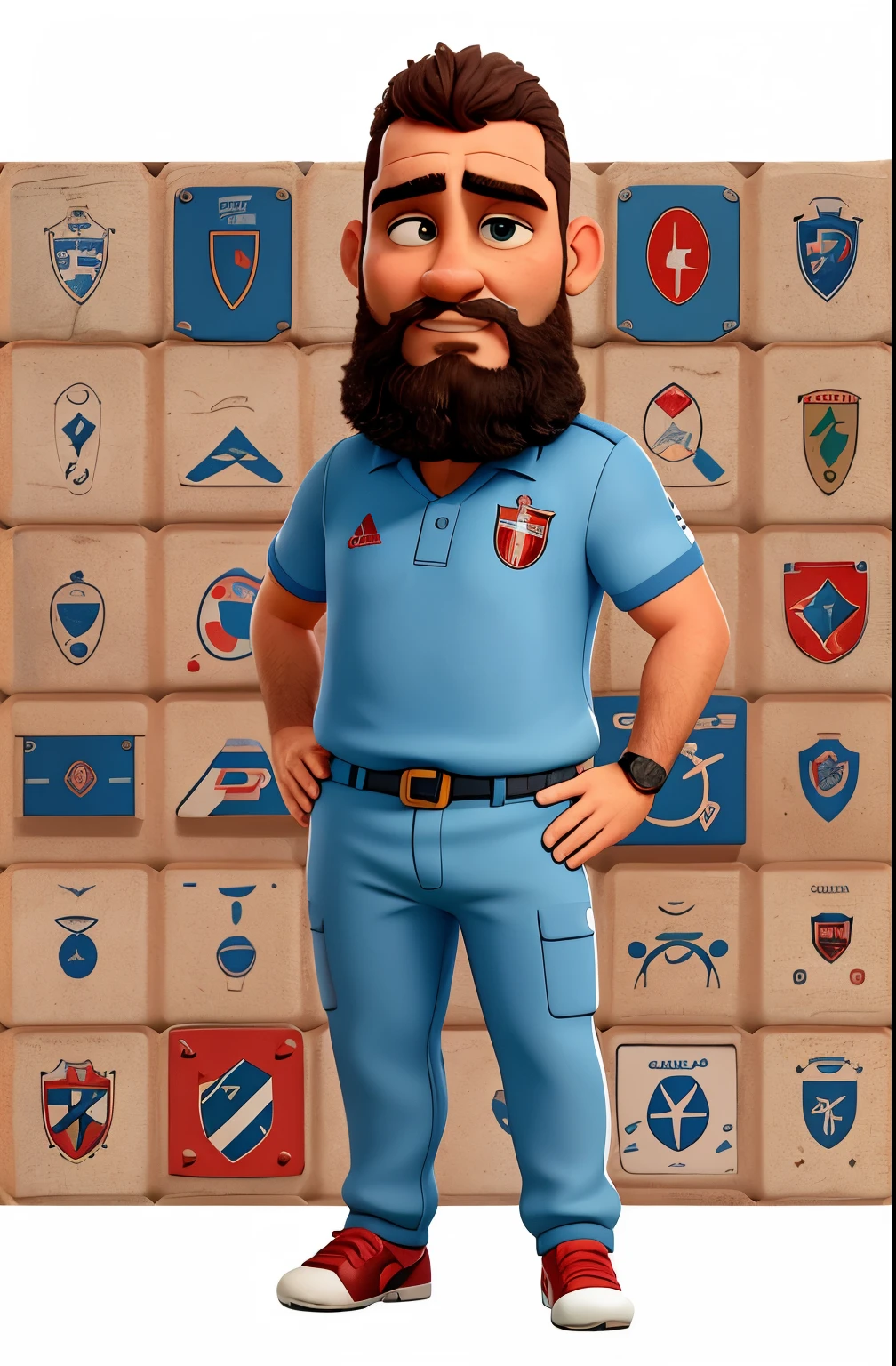 Artur Cabral, vestindo um equipamento do Sport Lisboa e Benfica, Careca, Bigode e barba pretos, stocky, Fundo do campo de futebol, , boss baby style, ....3D, Desenhos animados, rosto detalhado, asymmetric 16k