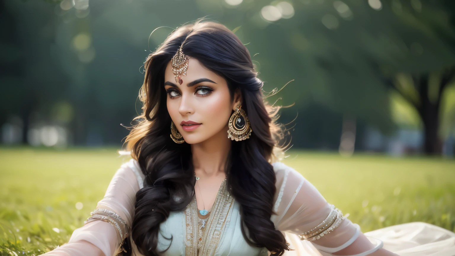 full body shot of A confident-looking indian modelwith long flowing hair, beautiful eyes, without flowing capes, Cleopatra fabric with laces, wearing salwar, sitting in grass, water background, bokeh, perfect composition, hyperrealistic, super detailed, 8k, high quality, trending art, trending on artstation, sharp focus, intricate details, highly detailed, realistic