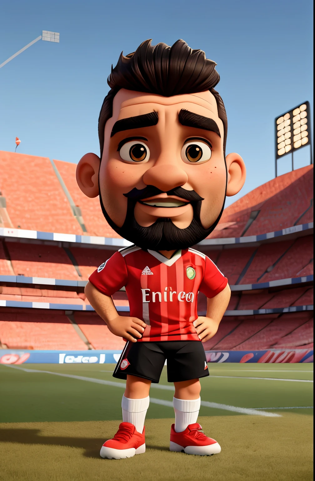 Artur Cabral, Nickname Picanha, wearing a Sport Lisboa e Benfica kit, Bald head, Black mustache and beard, Football field background, , baby style, ....3D, Cartoon, detailed face, asymmetrical 16k