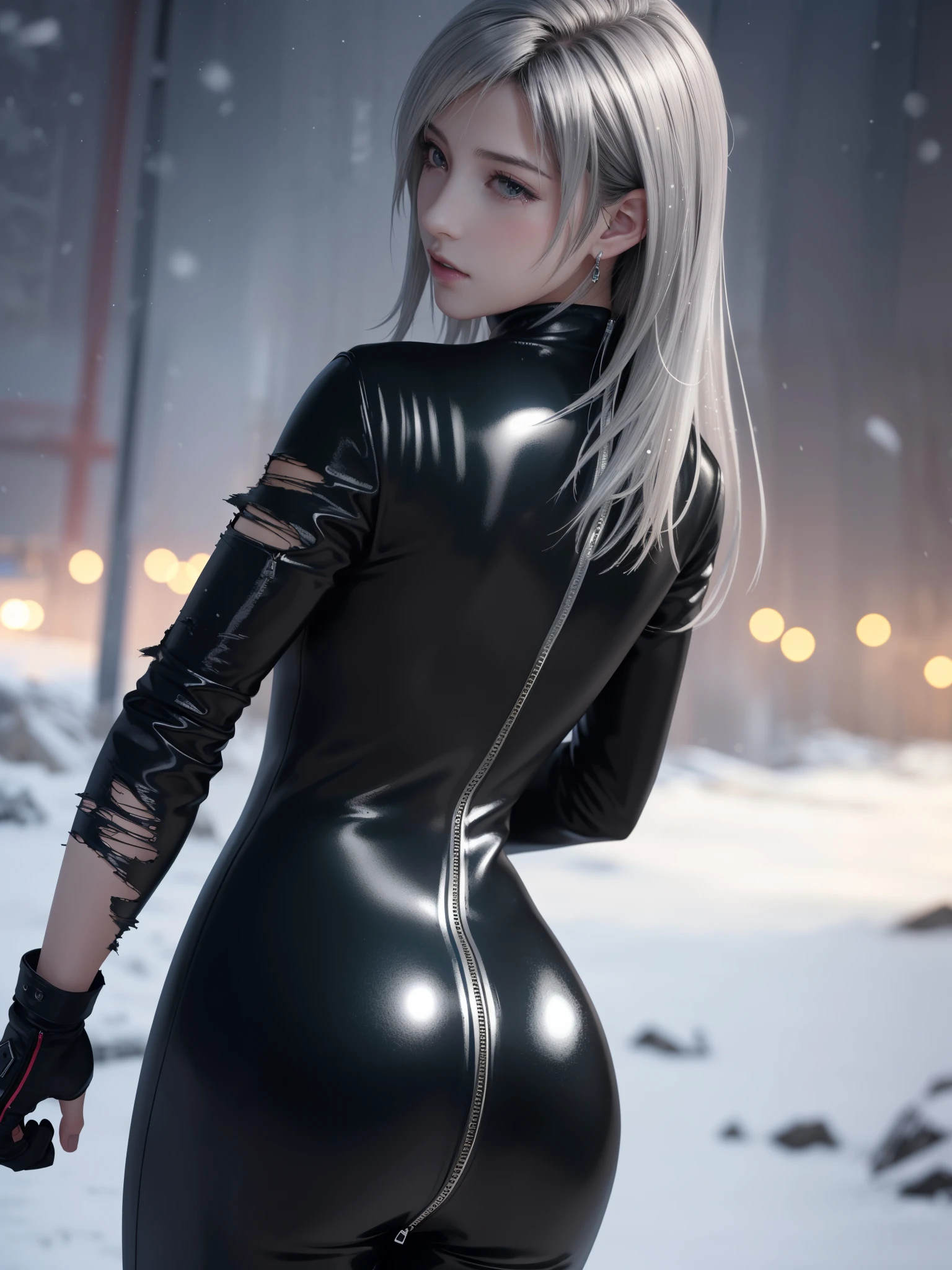 (Top Quality, Masterpiece: 1.1), (Realistic: 1.3), BREAK (((FF7,Tifa_lockhart))),(tifa_lockhart and monsters),(A dark, barely lit torture chamber:1.3,snow:1.2,night:1.1),(from behind:1.2, back hair),(face focus:1.1), BREAK (((FF7,Tifa_lockhart))),(Light Brown Hair, Large breasts: 1.2),(torn black catsuit:1.3,silver zip,zip down:1.8),(bare navel:1.3),(torn catsuit:1.2), BREAK (((FF7,Tifa_lockhart))),(shiny oiled skin: 1.1),(crowd of monster:1.3),(many monsters:1.2), ((stringy viscous liquid)),(no bra),(no panties),wet hair, about 18 years old,sensual, (sweat on body:1.3),(erotic pose:1.2),I want to make love to you , In the snow,Snow falls,(???? :1.2),(ryona:1.2)