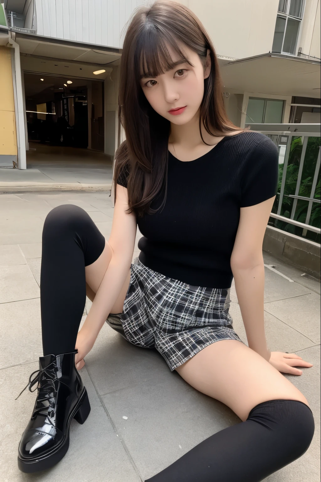 ((realistic lighting, highest quality, 8K, masterpiece, medium shot: 1.3)), clear focus: 1.2, 1 girl, perfect figure: 1.4, ((dark brown hair)),((With bangs)),In a university classroom,(sit on a step:1.2),(White off-shoulder knit),(tartan check miniskirt :1.2),(black knee high socks:1.3),(Part of the thigh is visible),(black platform leather shoes),(accurate and perfect face:1.3),hyper hd, ray tracing,structurally correct,White panties are visible,Taking a selfie with a black smartphone,Your face is hidden by your smartphone