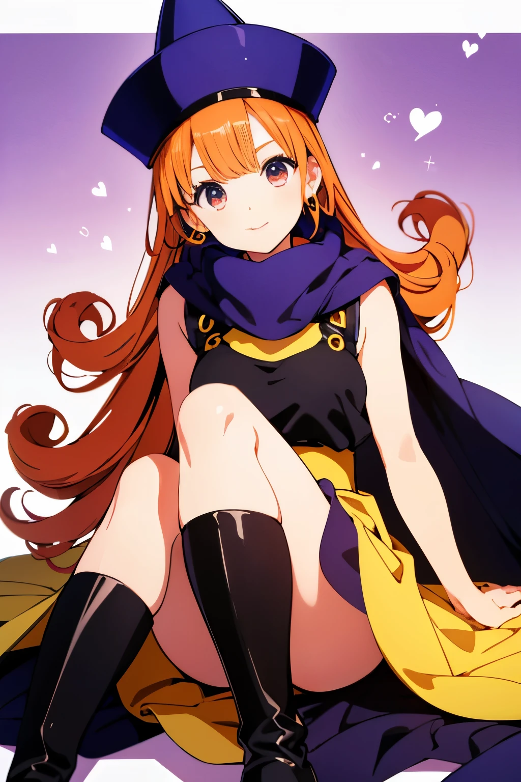 1 girl、High resolution、masterpiece、(Arena-DQ4、DQ4-Arena、orange hair)、smile、kneel up、Sitting with legs closed、slender、muscular、thin thighs、tits、outdoor、grassland、Grass grows、navy blue hat、cape、Yellow Mini Dress、boots、(((Sexual black panties with detailed decoration)))、Shot of her from below、white tights with detailed decorations