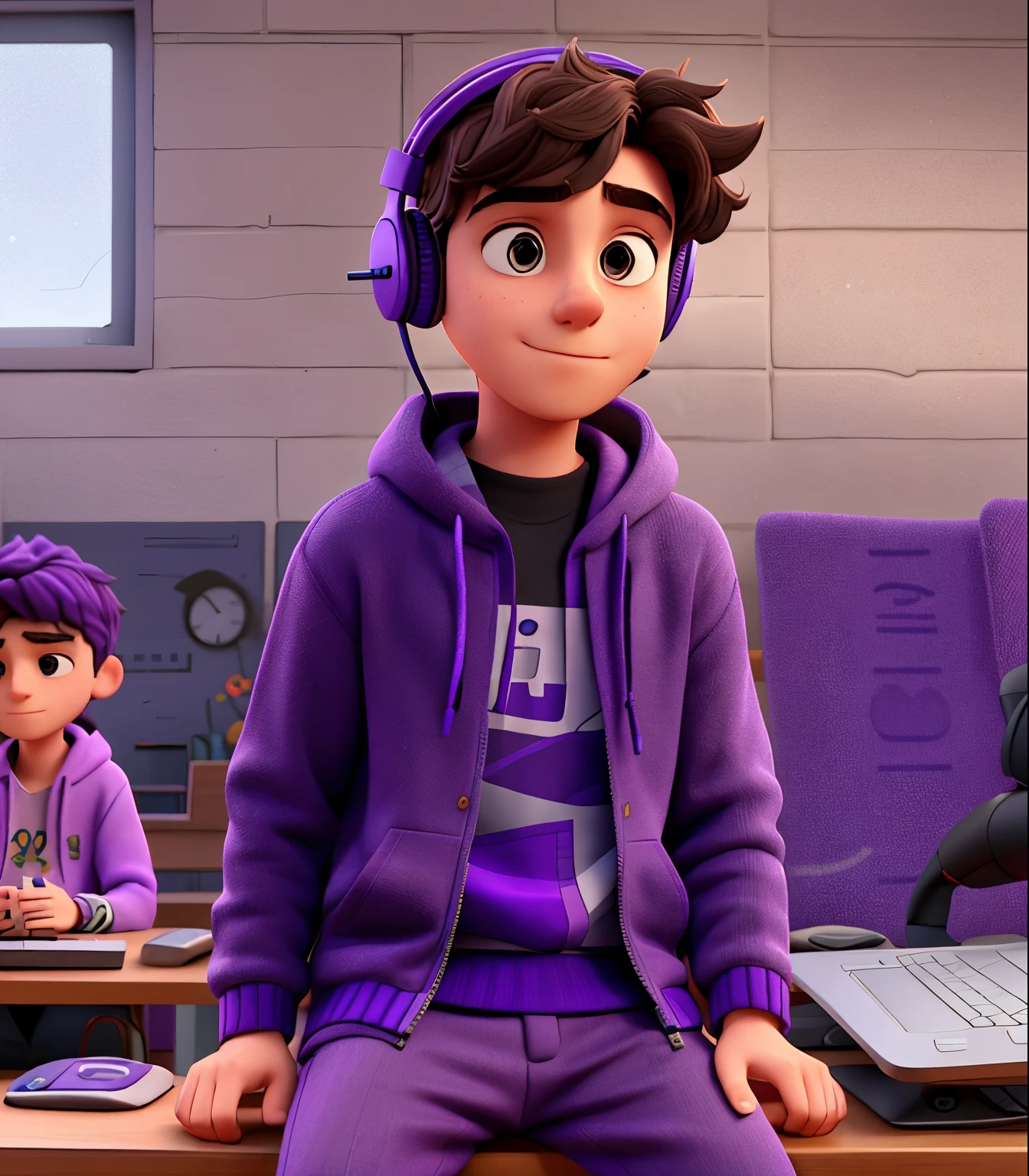 arafed man sitting on a bench with headphones on and a laptop, wearing purple headphones, young man in a purple hoodie, declan mckenna, wearing a purple sweatsuit, finn wolfhard, purple clothes, wearing a sweater, an epic non - binary model, inspired by John Luke, wearing casual sweater, style of seb mckinnon, in the style jordan grimmer