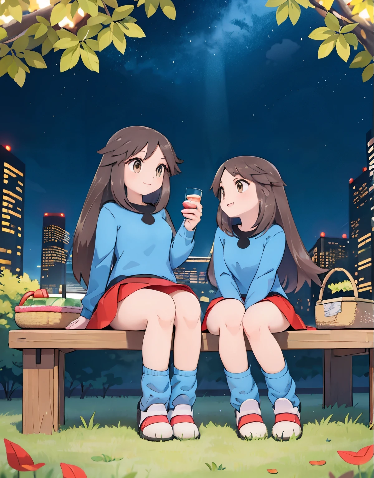 (best quality,4k,highres,masterpiece:1.2),ultra-detailed,realistic,photorealistic:1.37,leaf Pokemon,full body,curvy body,beautiful detailed eyes, brown eyes, long lashes,visible thighs,sitting,red skirt,blue shirt, loose socks, white footwear,knees together,smile,upskirt,white panties,on a picnic,night city,soft sunbeam lighting,beautifully lit skyscrapers,scenic city park,lush green grass,gentle breeze,peaceful atmosphere,crimson autumn leaves,sparkling city lights,sky full of stars,vibrant urban nightlife,tranquil picnic blanket,delicious food and drinks,joyful ambiance,stars twinkling overhead ,nighttime tranquility