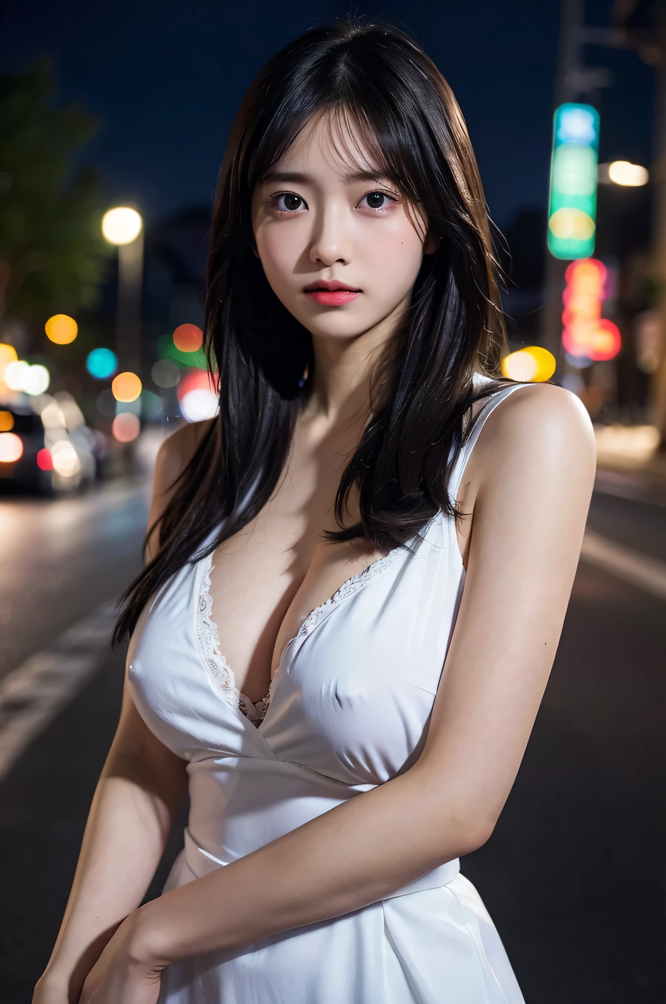 masterpiece, highest quality, 8K, 15 years, Ten generations, RAW photo, disorganized, award-winning portraits, alone, night, neon, idol face, violaces, gardenia, delicate girl, Upper body, Digital single-lens reflex camera, looking at the viewer, Frank, Sophisticated, like々New, thin arms, professional lighting, film grain, chromatic aberration, (detailed eyes and face:1.0), (Bokeh:1.1), ((huge breasts))