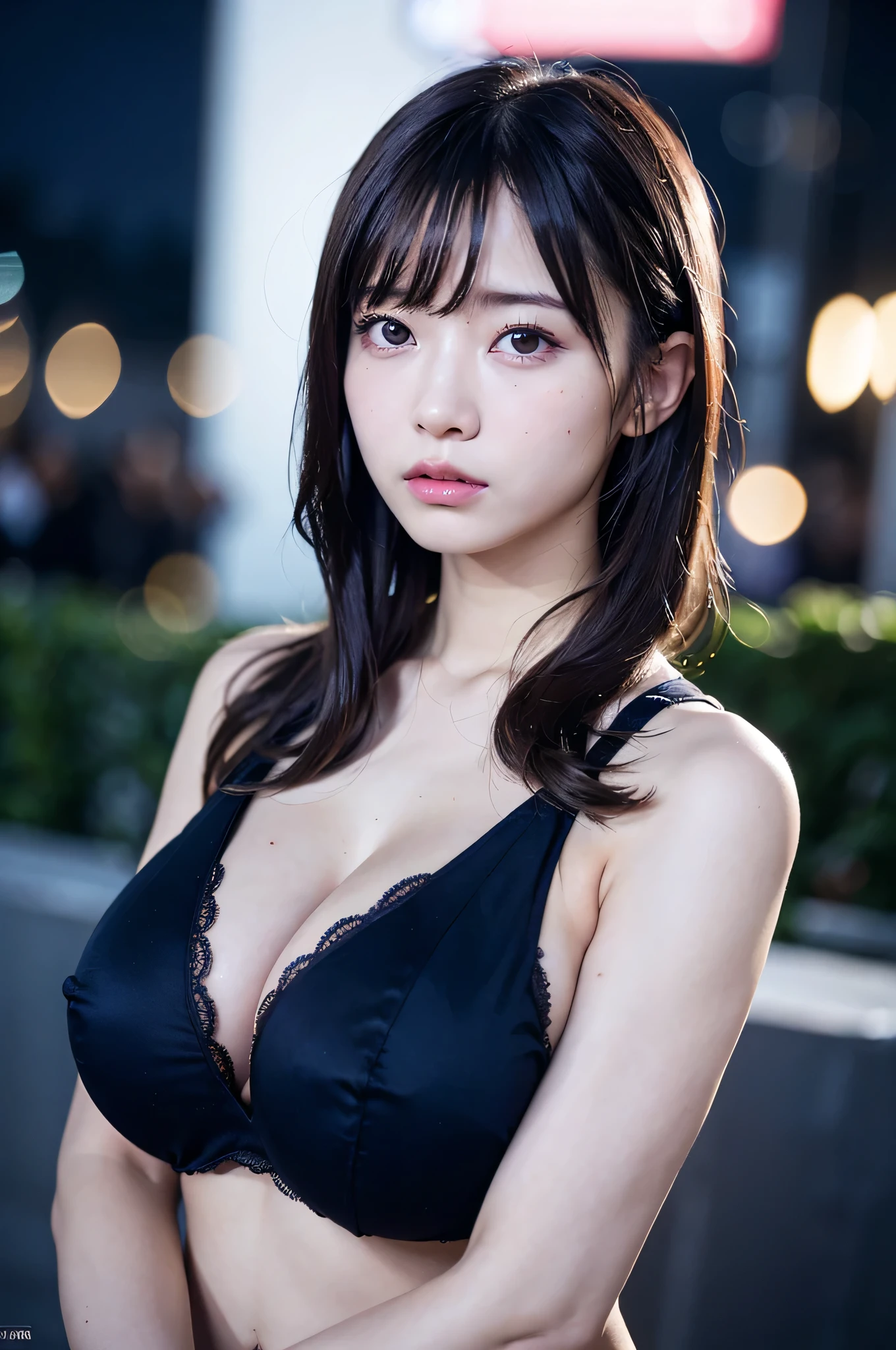 masterpiece, highest quality, 8K, 15 years, Ten generations, RAW photo, disorganized, award-winning portraits, alone, night, neon, idol face, violaces, gardenia, delicate girl, Upper body, Digital single-lens reflex camera, looking at the viewer, Frank, Sophisticated, like々New, thin arms, professional lighting, film grain, chromatic aberration, (detailed eyes and face:1.0), (Bokeh:1.1), ((huge breasts))