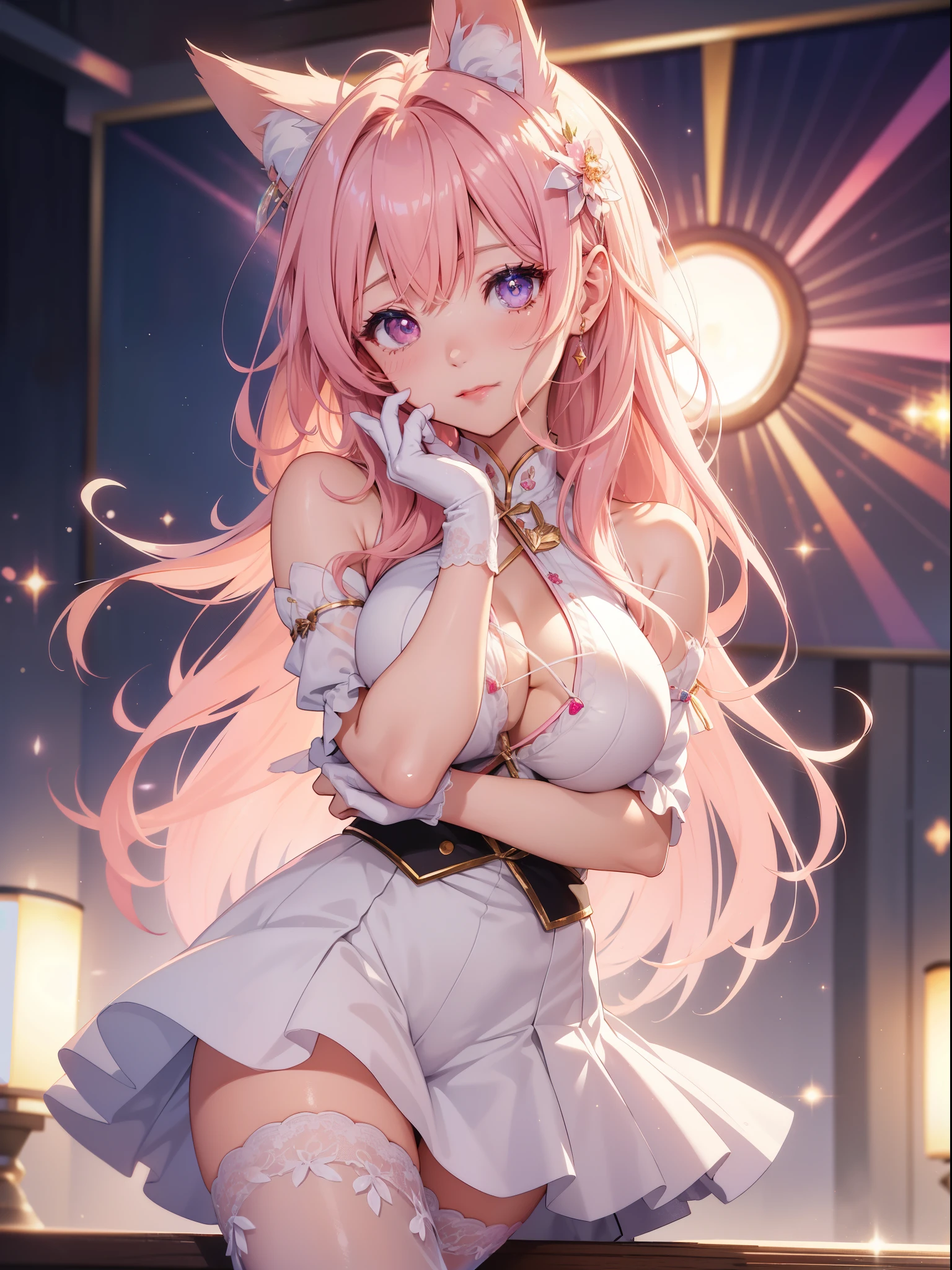 on the table, high resolution, 8k, anime woman, The writing is delicate and meticulous 、Detailed digital illustrations、wolf ears、Hair is long and shiny、Bangs、a very beautiful woman、eyes are eyes, big deal, The bust is a D cup、High image quality, high quality、Detailed background、(((穿着Idol的衣服)))、((flashing live stage backdrop))、The inside of the eye sparkles like a diamond、light pink hair、Gradient pupils、(((2 arms、4 fingers, 1 thumb)))、Detailed female face、very beautiful and lovely woman、、background for this、Masterpiece、soft focus , Bright gradient watercolor , lens flare , (((flash))) , glow , fantastic , holding microphone in hand、mini skirt、Nothing at hand、Idol、pink ribbons、Very beautiful golden hair accessories、stick out your tongue,Saliva flows down the corners of the mouth,Crystal saliva