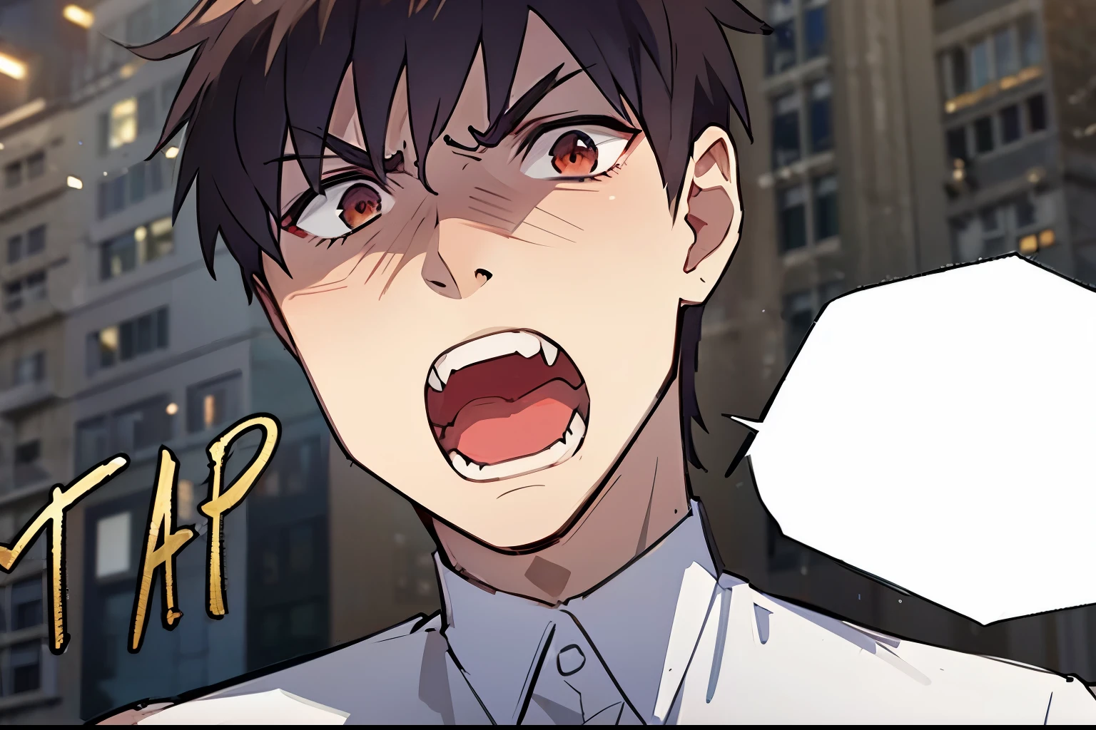 anime style, A guy squat at rooftop, outdoors, upper body, evil eyes, angry, brown eyes, devil, dark smoke, fire at city building, front view, focus on viewer, photo real, ultra detailed, masterpiece, ultra high quality, ultra high resolution, ultra realistic, ultra reflection, ultra lighting, detailed background, dramatic lighting, low key, dark tone, 8K