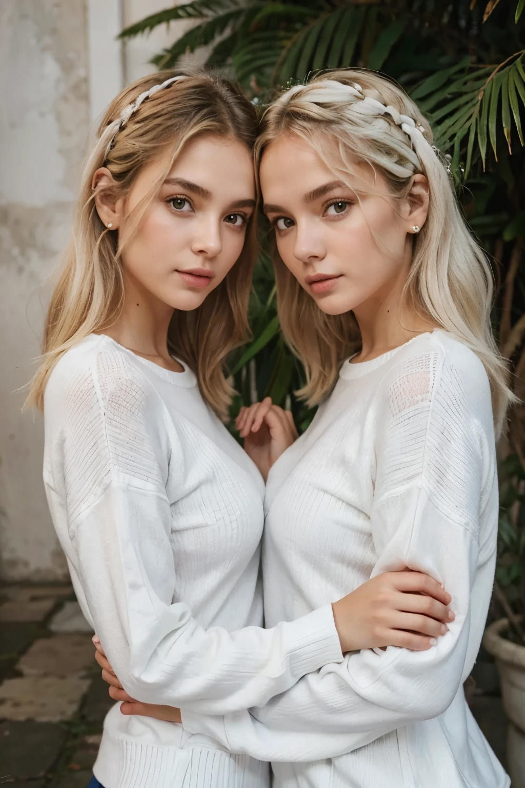 twins, s do rato, cabelos brancos fofos curtos, grandes orelhas redondas do rato, White Sweaters, Holding hands, ((olhos castanhos escuros)), casal, Lindo, Glossy lips, olhos detalhados