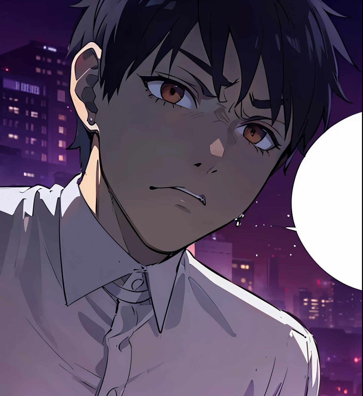 anime style, A guy squat at rooftop, outdoors, upper body, evil eyes, angry, brown eyes, devil, dark smoke, fire at city building, front view, focus on viewer, photo real, ultra detailed, masterpiece, ultra high quality, ultra high resolution, ultra realistic, ultra reflection, ultra lighting, detailed background, dramatic lighting, low key, dark tone, 8K