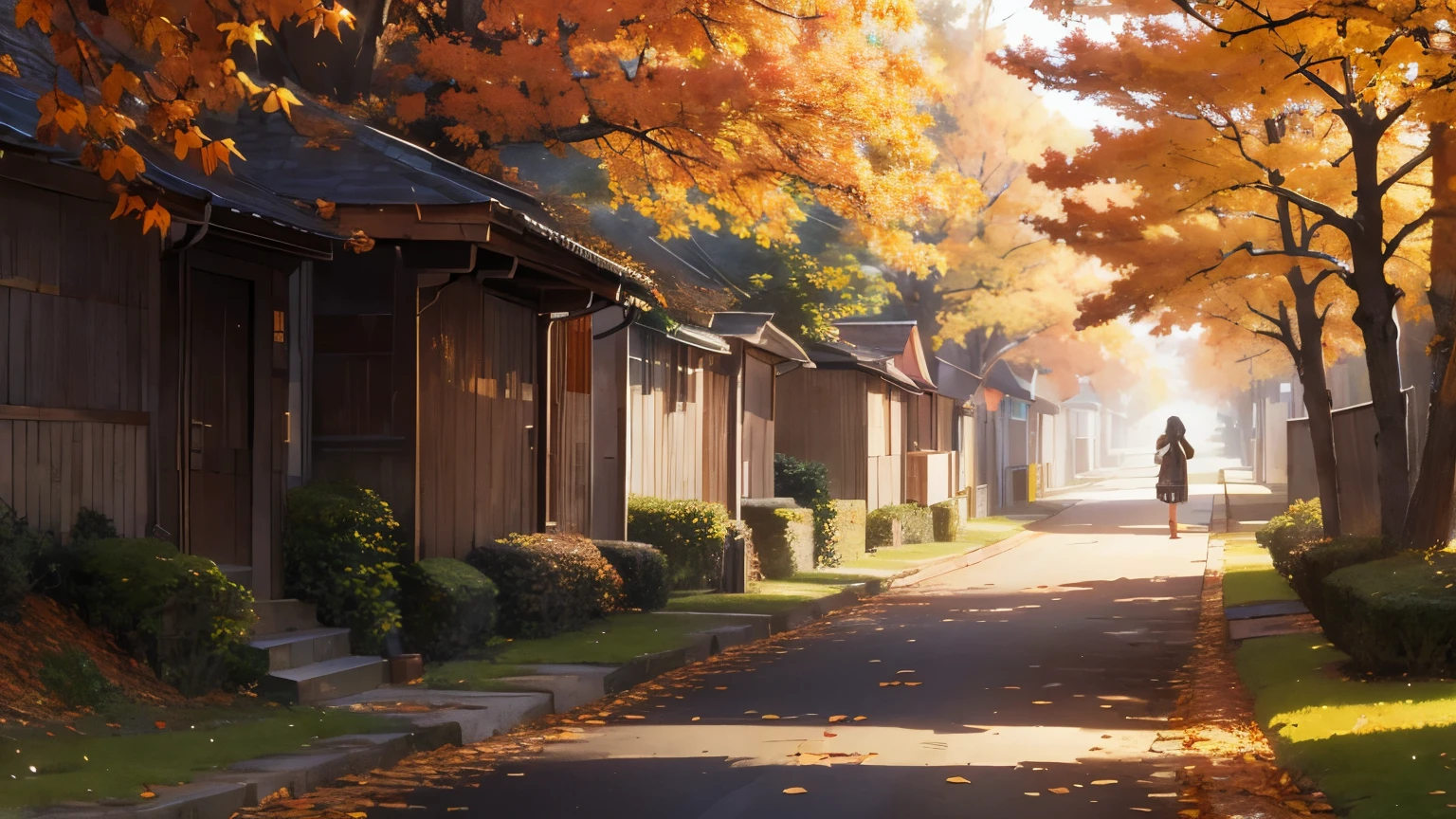 Deserted autumn alley, beautiful anime art, high detail, autumn leaves falling from majestic trees, a charming road goes into the distance