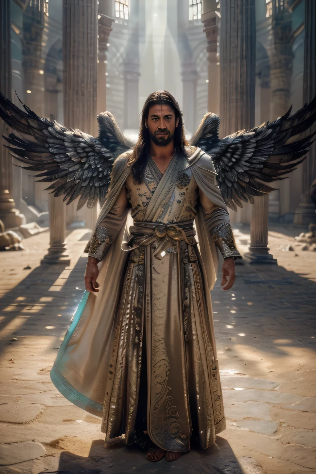 Imagem de (((Um homem))) (((um anjo))), ((homem pedindo algo ao anjo)), strength, hostilidade, luta detalhada, briga, ((wearing a long robe from the time before Jesus )), lighting coming towards you from the clouds, ((fundo do deserto com ovelhas ao seu redor)) before the time of Jesus, (Professional 3D rendering: 1.3)(realista: 1.3) ((luzes acesas ao fundo, ambiente majestoso)), ((8k full-body drive rendering)), action photography, poros da pele, Sol do meio dia, rosto detalhado, (vibrante, photorealista, realista, dramatic, escuro, sharp focus, 8k ), (Intricado: 1.4), Deteriorado, (altamente detalhado: 1.4), pintura digital, Octane rendering, art stations, arte conceitual, Sharp soft focus, illustration, (global illumination, studio light, volumetric light)