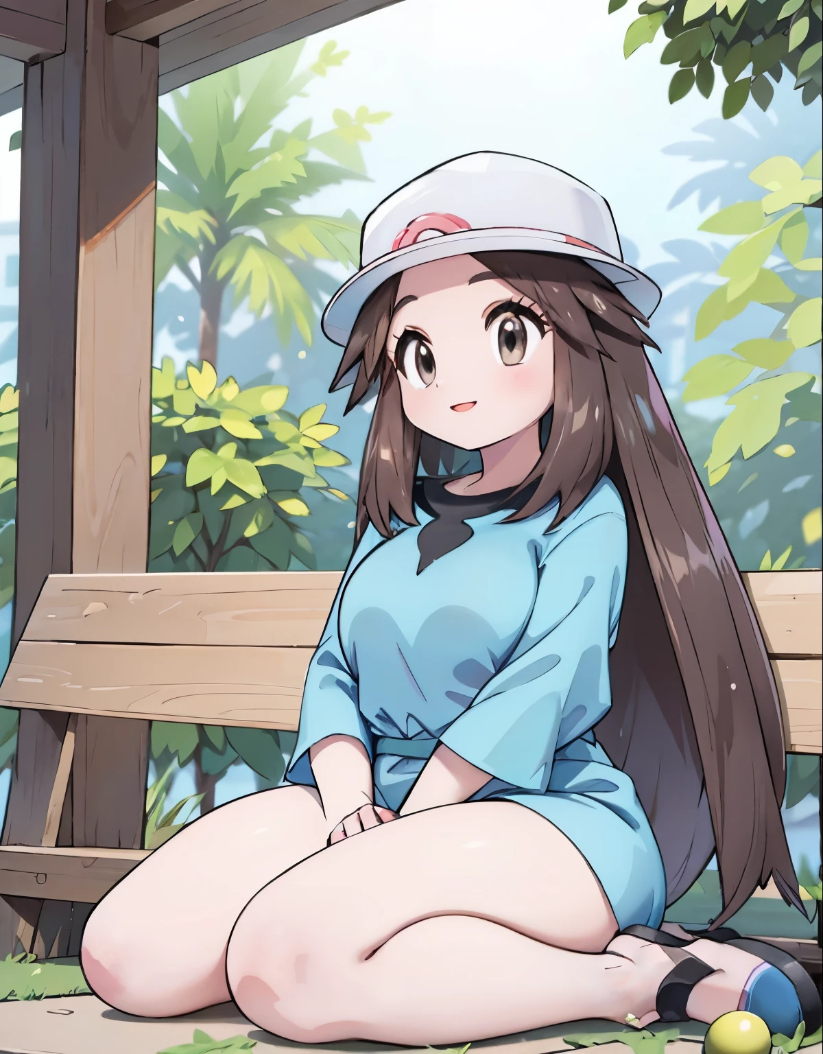 leaf Pokemon, full body, curvy body, tareme, tareme eyes, beautiful detailed eyes, beautiful detailed lips, long eyelashes, visible thighs, thick thighs, sitting, knees together, smile, in a public park, pokemon, vibrant colors, soft lighting, (best quality, 4k, highres, masterpiece:1.2), ultra-detailed, realistic:1.37, professional, vivid colors, concept artists style, soft light, vibrant colors, dusty pink color tone