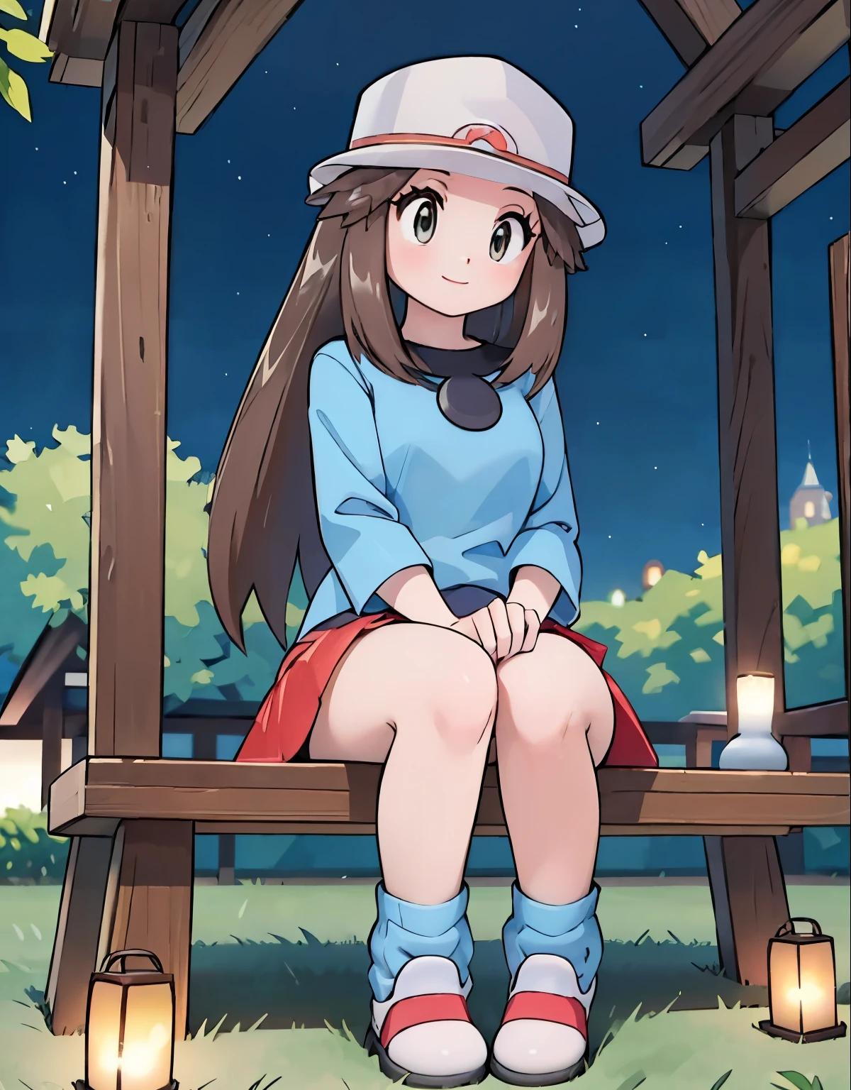 (best quality,4k,highres,masterpiece:1.2),ultra-detailed,realistic,photorealistic:1.37,leaf Pokemon,full body,curvy body,tareme, tareme eyes,beautiful detailed eyes,long lashes,visible thighs,sitting,red skirt,blue shirt, loose socks, white footwear,knees together,smile,upskirt,white panties,on a picnic,night city,soft sunbeam lighting,beautifully lit skyscrapers,scenic city park,lush green grass,gentle breeze,peaceful atmosphere,crimson autumn leaves,sparkling city lights,colored lanterns,vibrant urban nightlife,tranquil picnic blanket,delicious food and drinks,joyful ambiance,stars twinkling overhead ,nighttime tranquility