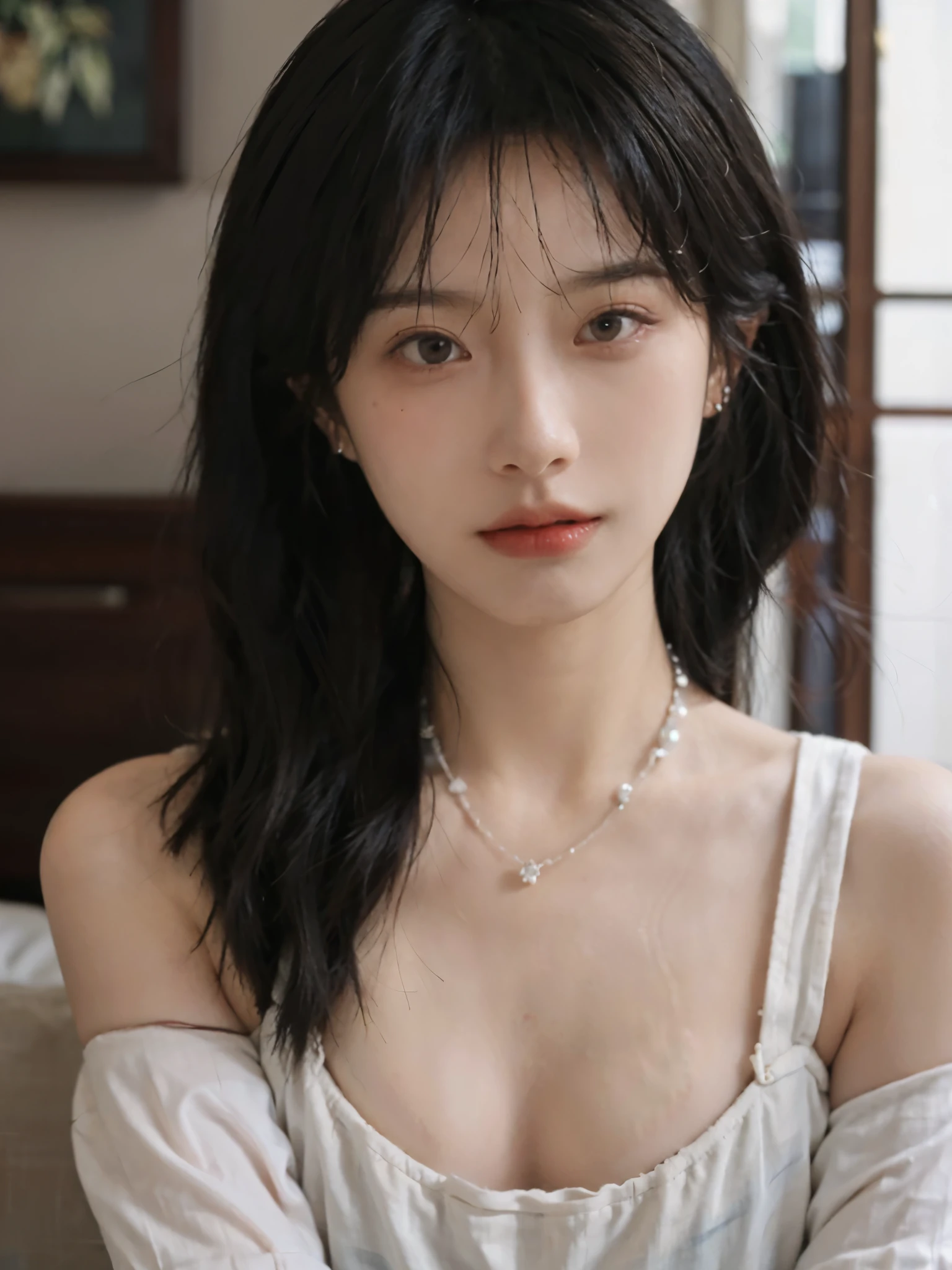 Film portrait photography, 1 girl, bare shoulders,lipstick,(flat chest:1.4), Shoulder length wavy hair, wear necklace,hairband,earrings,Mouth nail,White short sleeves,serene, calm, (Realistic and detailed eyes, natural skin texture, Realistic facial details), Soft dramatic lighting, depth of field, Bokeh, Vibrant details, detailed meticulous, hyper-realistic, 35mm film, hazy, ,