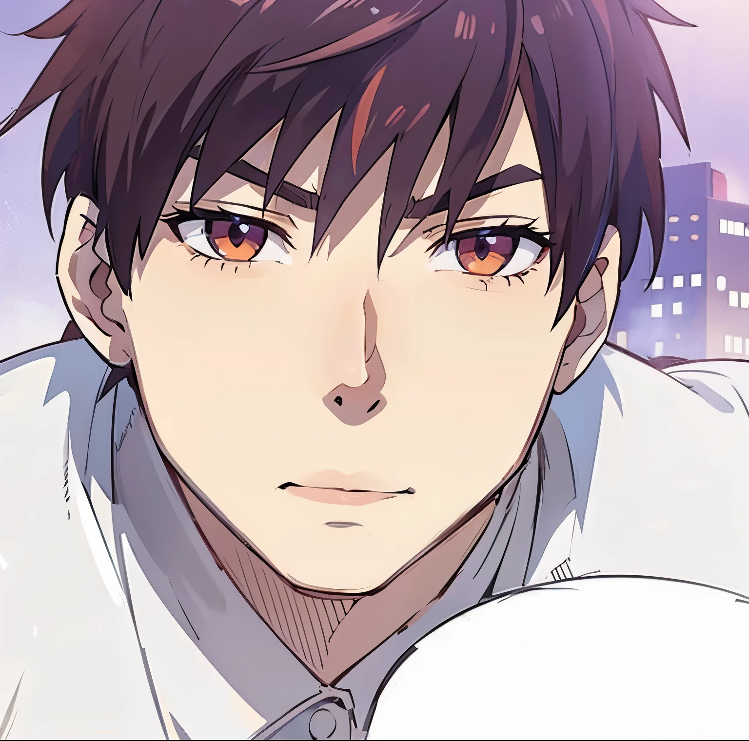 anime style, A guy squat at rooftop, outdoors, upper body, evil eyes, angry, brown eyes, devil, dark smoke, fire at city building, front view, focus on viewer, photo real, ultra detailed, masterpiece, ultra high quality, ultra high resolution, ultra realistic, ultra reflection, ultra lighting, detailed background, dramatic lighting, low key, dark tone, 8K