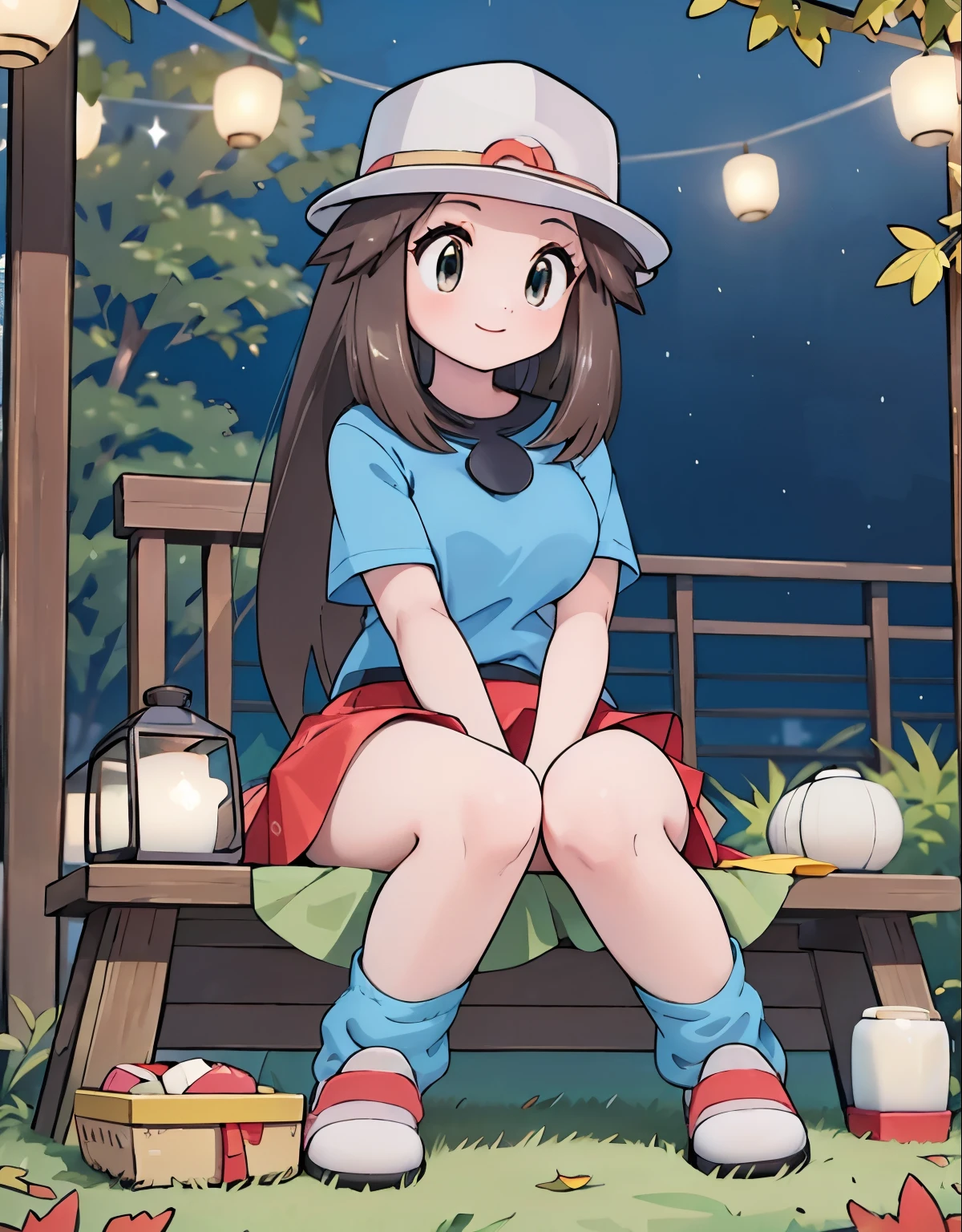 (best quality,4k,highres,masterpiece:1.2),ultra-detailed,realistic,photorealistic:1.37,leaf Pokemon,full body,curvy body,tareme, tareme eyes,beautiful detailed eyes,long lashes,visible thighs,sitting,red skirt,blue shirt, loose socks, white footwear,knees together,smile,upskirt,white panties,on a picnic,night city,soft sunbeam lighting,beautifully lit skyscrapers,scenic city park,lush green grass,gentle breeze,peaceful atmosphere,crimson autumn leaves,sparkling city lights,colored lanterns,vibrant urban nightlife,tranquil picnic blanket,delicious food and drinks,joyful ambiance,stars twinkling overhead ,nighttime tranquility