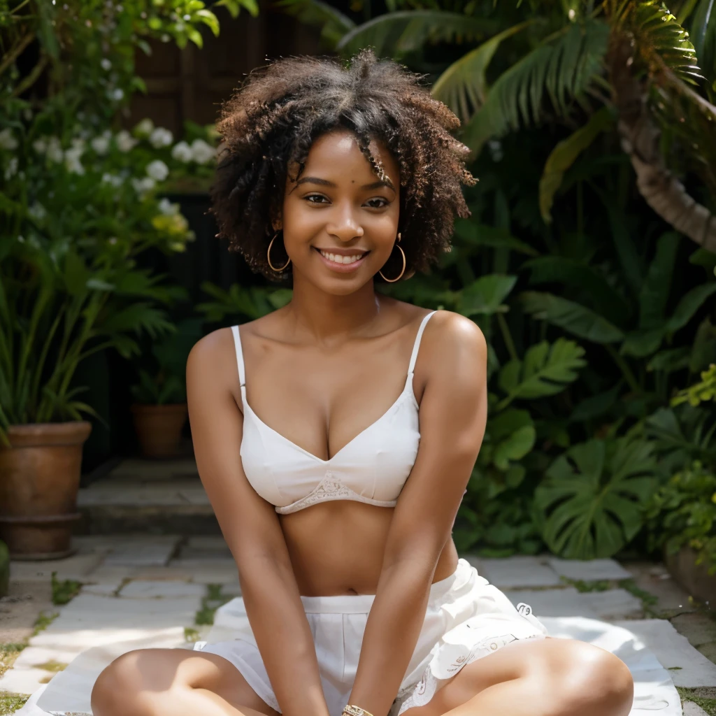 Jeune femme afro indienne 27ans, vetue d'un sari jaune. Avec de belles perle aux cou. Une belle poitrine, le teint basané, belle chevelure, mignonne. Assise dans un jardin botanique. Avec un joli sourire qui laisse entrevoir ses belle dents blanches.