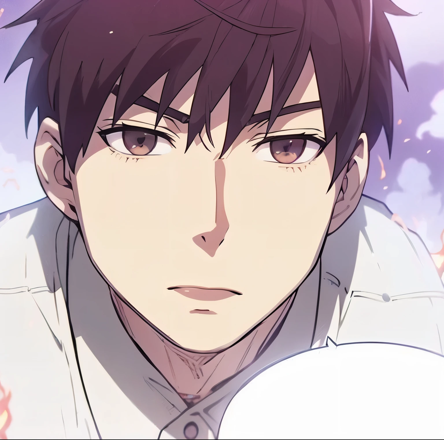 anime style, A guy squat at rooftop, outdoors, upper body, evil eyes, angry, brown eyes, devil, dark smoke, fire at city building, front view, focus on viewer, photo real, ultra detailed, masterpiece, ultra high quality, ultra high resolution, ultra realistic, ultra reflection, ultra lighting, detailed background, dramatic lighting, low key, dark tone, 8K