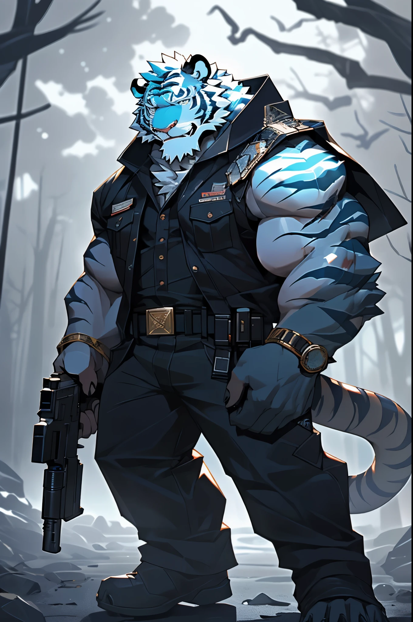 anime character with tiger , tiger_beast, Firmware version, high resolution committee, ((tiger)), gigachad muscular, muscular!!, Tik, muscular!, anthropomorphic tiger, muscular character, 库沙special·肯兹, Super detailed!!, muscular!!!, beefy, full body commission, Full body details are very rich,((16k)),((special)),(The two eyes are different in color,Different pupils:1.8),HD,(Colored hair:1.5),(Wearing a damaged combat uniform:1.5),solo,(表情perseverance:1.3),hope,((One eye is blue,The other eye is gold:1.5)),(A pair of eyes with different pupil colors:1.5),((perseverance:1.6)),((perseverance的看着:1.5)),(front:1.3),HD,(cg),(perfect hands),(perfect face),(Very detailed face:1.5),(Put on a military cap:1.3),(Military clothes cover the arms),(((Very detailed eyes))),(((Holding a gun in hand))),((Spooky woods)),((Gloomy weather)),((covered in wounds))