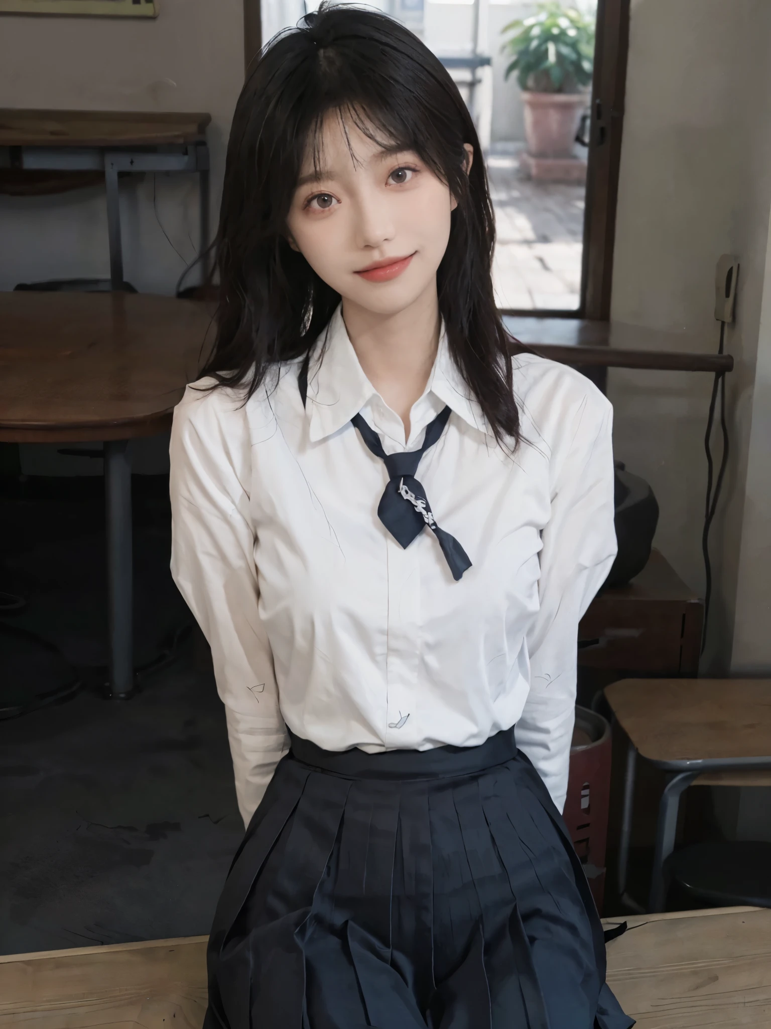 Korean school uniform、summer school uniform shirt、tight shirt、ribbon tie、skirt made of、School、School的楼梯、Emphasis on placing arms in front of chest、Slender and long、8K RAW photos、high resolution、age:18 、Japanese、Incision eye、very large round breasts、Beautiful eyes are meticulous、long eyelashes、beautiful double eyelids、eye shadow、Eyeliner、slender eyes、elongate eye shape、Three white eyes、Beautiful and thin legs、Beautiful and thin thighs、Random Shorthair、tie hair back、earrings、light brown hair、(wearing pantyhose)、Thighs are very、Smile、mouth slightly open