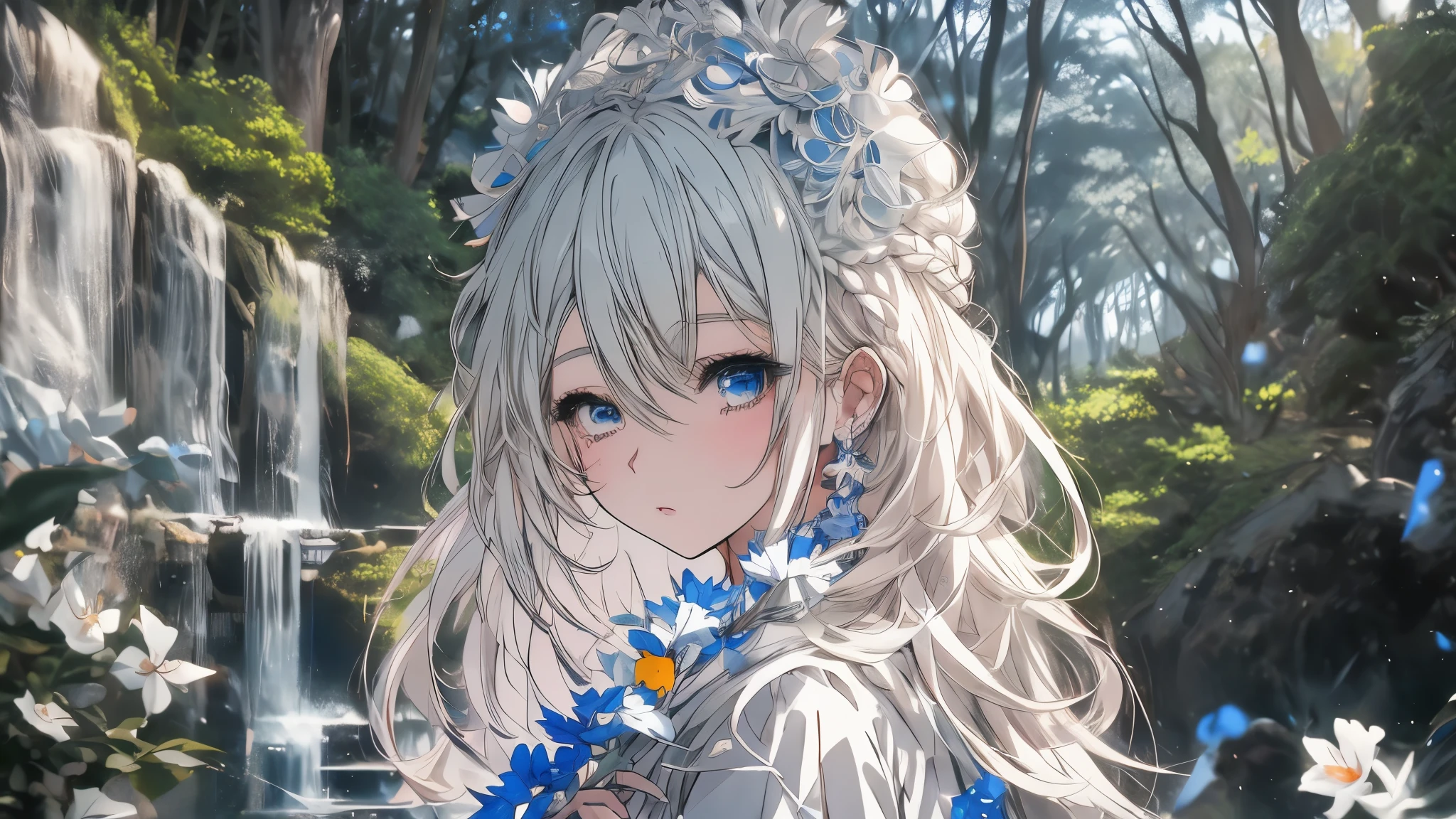 Chica anime con pelo largo blanco y ojos azules en un bosque., guweiz en pixiv artstation, arte de anime digital detallado, chica con pelo blanco, deidad de pelo blanco, retrato detallado de chica anime, guweiz, guweiz en artstation pixiv, arte de anime clave detallado, hermoso retrato animado, chica perfecta de pelo blanco, arte de anime detallado