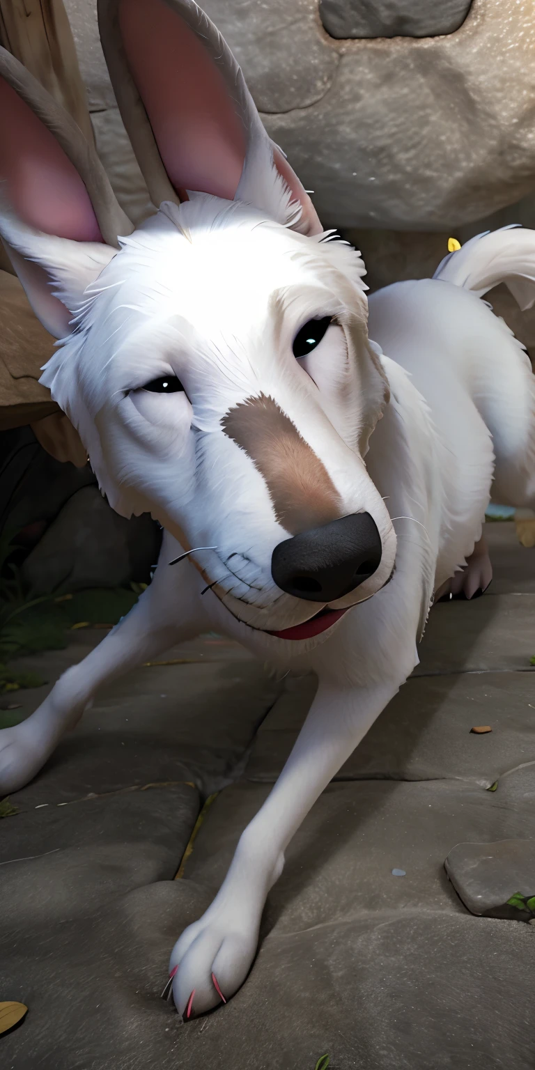 a white dog, with long ears, without a dark stripe on her nose, in the Disney style