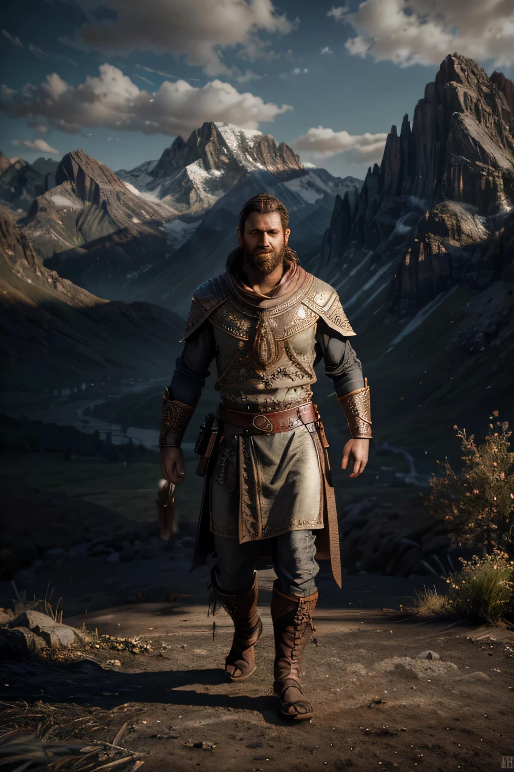 Biblical character image, Homem de 35 anos, Brave appearance, standing, pose destemida, corpo todo ((wearing majestic tunic)), lighting coming from the clouds towards you, ((ambiente com montanhas)), (Professional 3D rendering: 1.3)(realista: 1.3) ((luz de fundo, ambiente majestoso)), ((8k corpo todo unit rendering)), rosto detalhado, (vibrante, photorealista, realista, dramatic, escuro, sharp focus, 8k), (Intricado: 1.4), Deteriorado, (altamente detalhado: 1.4), pintura digital, Octane rendering, art stations, arte conceitual, Focus on smooth, crisp illustrations (global illumination, studio light, volumetric light)