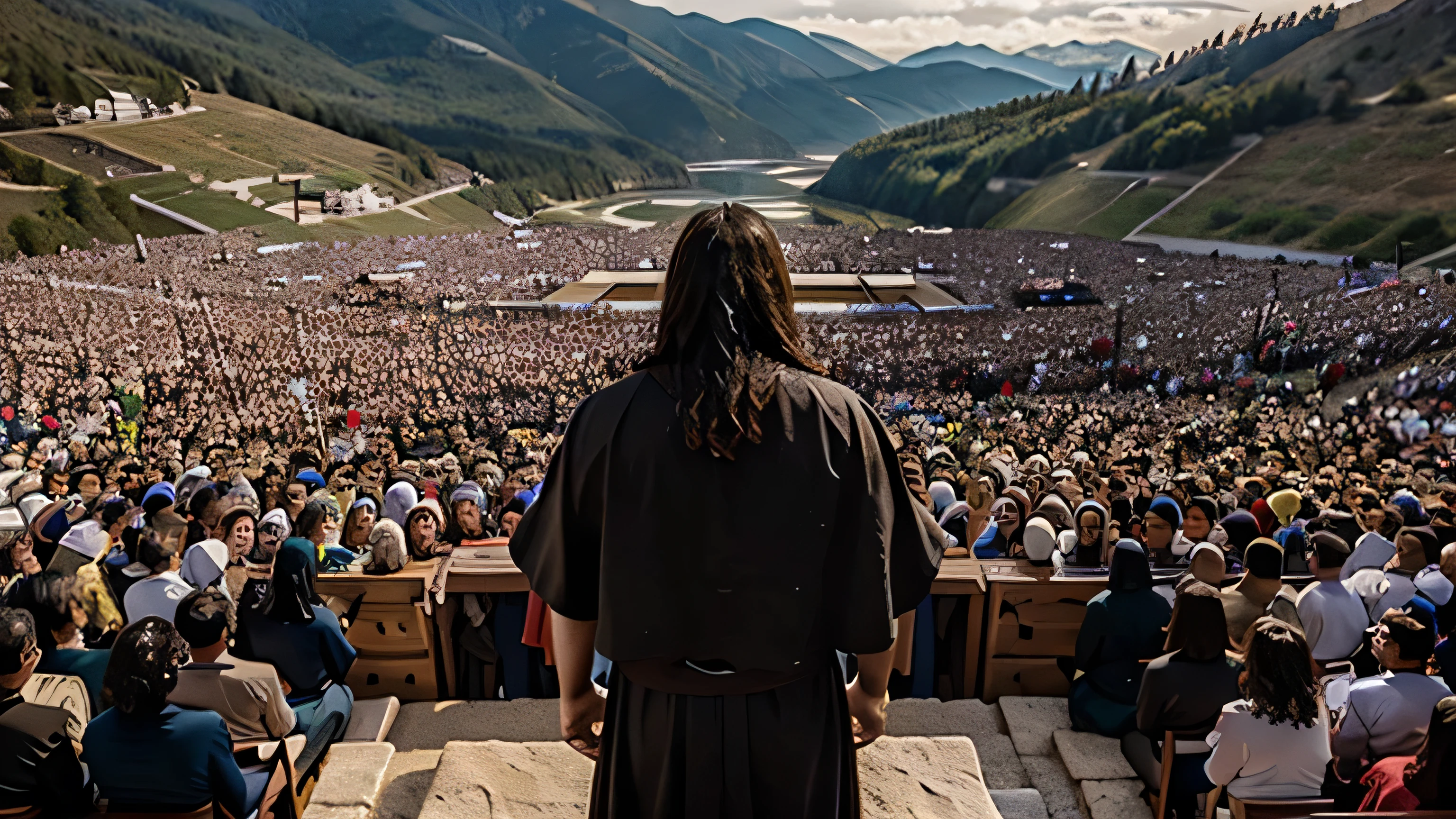 O Arrebatamento ,Thousands of people are floating in the air,Standing on the clouds, Thousands of people are dressed in white, Raise your hands and sing hymns to praise God. The scenes are magnificent and surreal. (best quality, 4k, 8k, alta resolução, master part:1.2), ultra-detalhado, (realisitic, fotorrealista, Realista:1.37), Retrato de um, vivid colors, studio lit, foco nítido, physics based rendering, extreme detail description, Bible Topics, Grande ambiente, luz radiante.