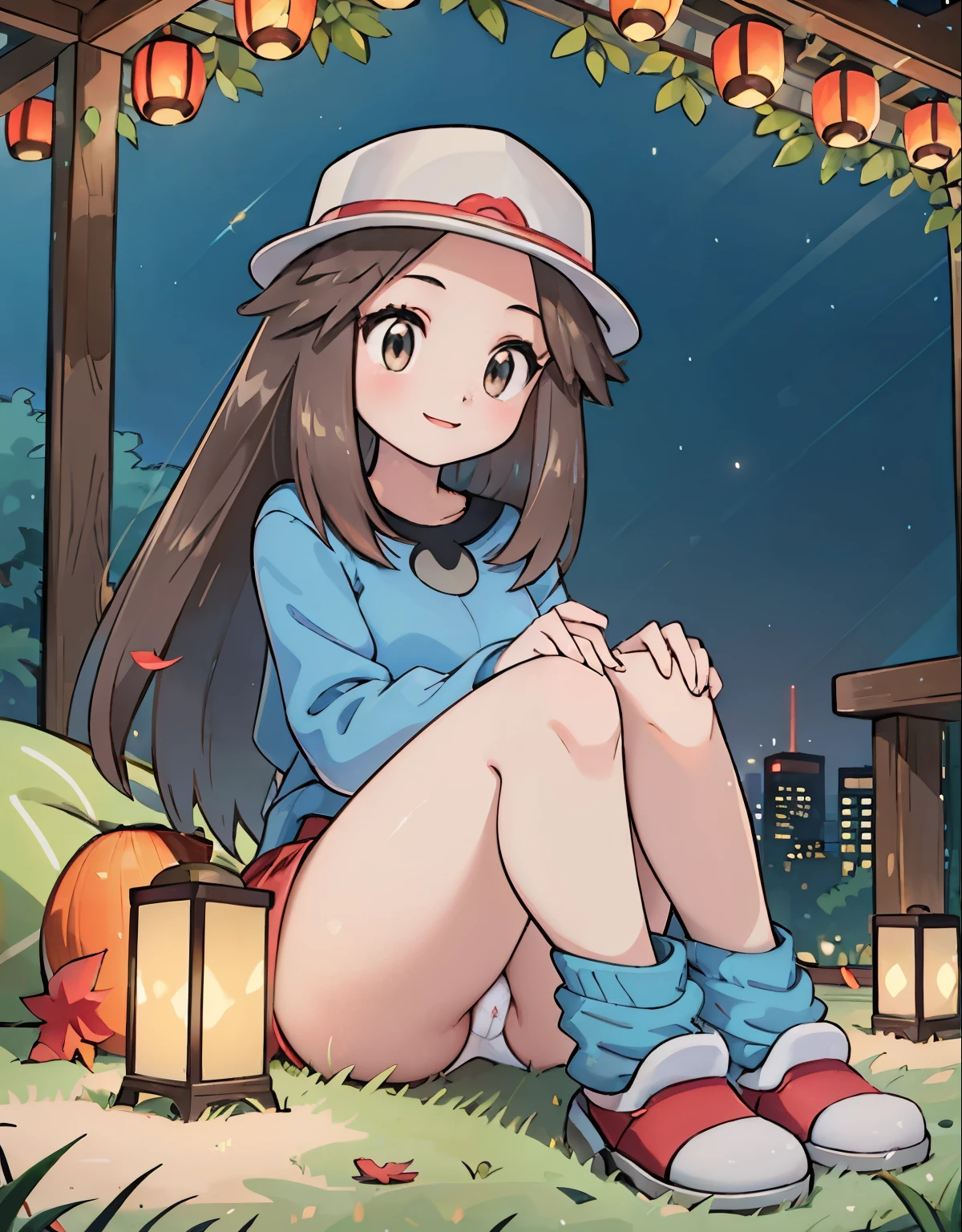 (best quality,4k,highres,masterpiece:1.2),ultra-detailed,realistic,photorealistic:1.37,leaf Pokemon,full body,curvy body,tareme, tareme eyes,beautiful detailed eyes,long lashes,visible thighs,sitting,red skirt,blue shirt, loose socks, white footwear,knees together,smile,upskirt,white panties,on a picnic,night city,soft sunbeam lighting,beautifully lit skyscrapers,scenic city park,lush green grass,gentle breeze,peaceful atmosphere,crimson autumn leaves,sparkling city lights,colored lanterns,vibrant urban nightlife,tranquil picnic blanket,delicious food and drinks,joyful ambiance,stars twinkling overhead ,nighttime tranquility