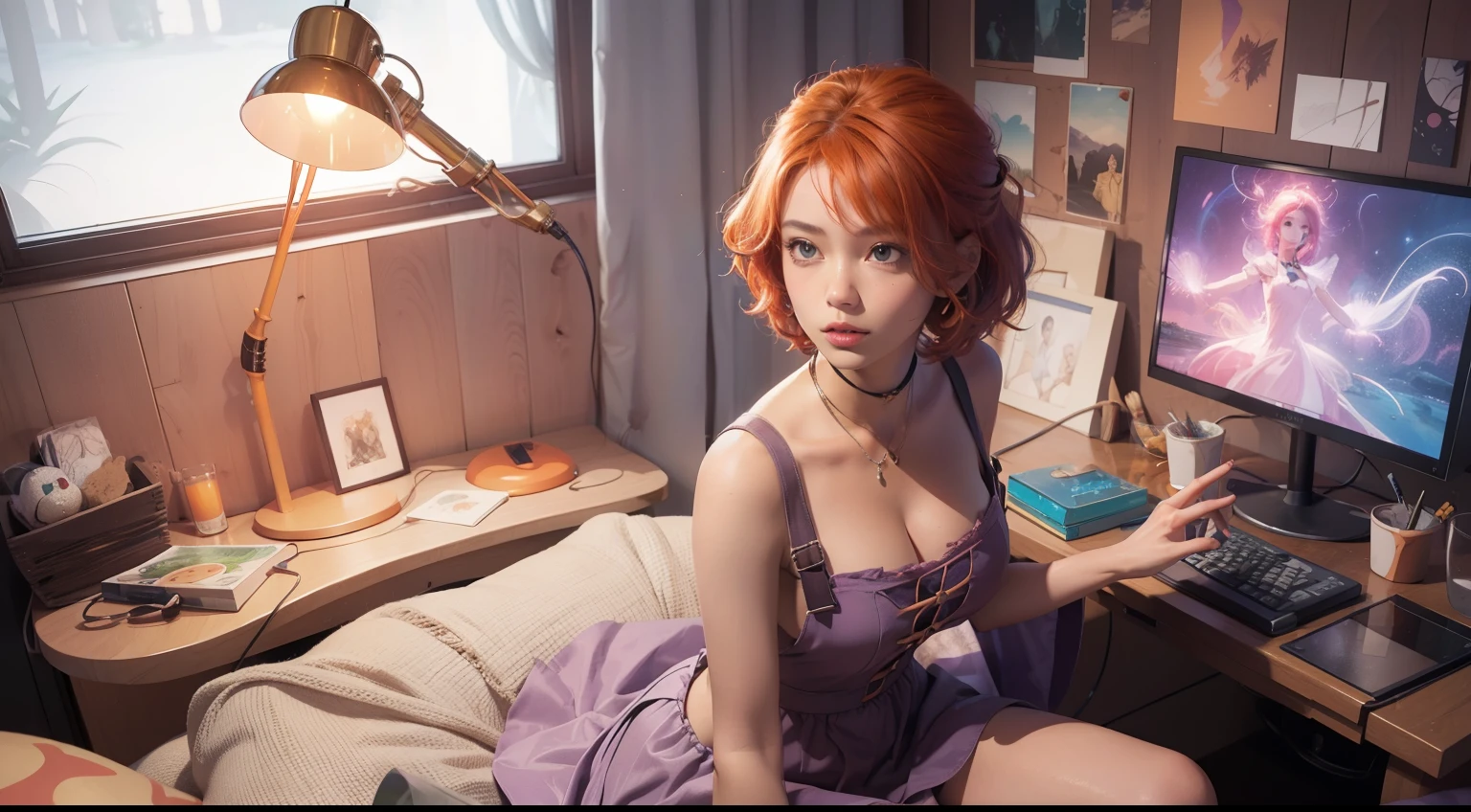 concept art, overhead angle of a Will-o'-the-wisp, wearing Funny Somali Emerald deep orange Pinafore, Caramel hair styled as Short hair, fluorescent purple Hair tie, equirectangular 360, Highres,  [(art by Willi Baumeister:1.1), (art by John T. Biggers:1.2)::17], official art, unity 8k wallpaper, ultra detailed, aesthetic, masterpiece, best quality, photorealistic