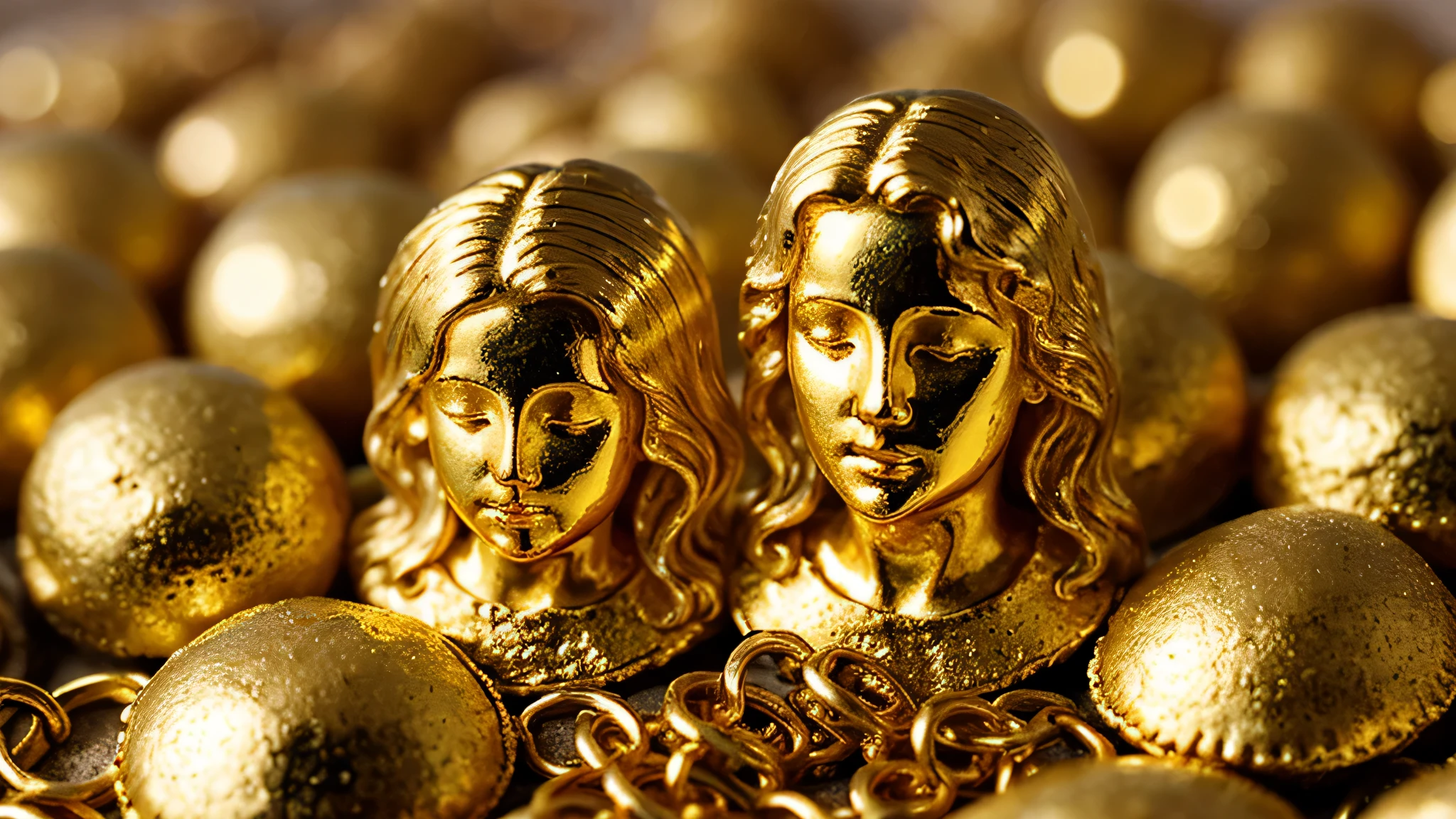 KIDS BLONDIES LONG HAIR close up, made of gold, lie on a golden stone, beautiful gold saint, golden miniatures, treasures of gold, pure gold pillars, gold and treasure, realistic gold, looming over a horde of gold, miners, precious metal, gold