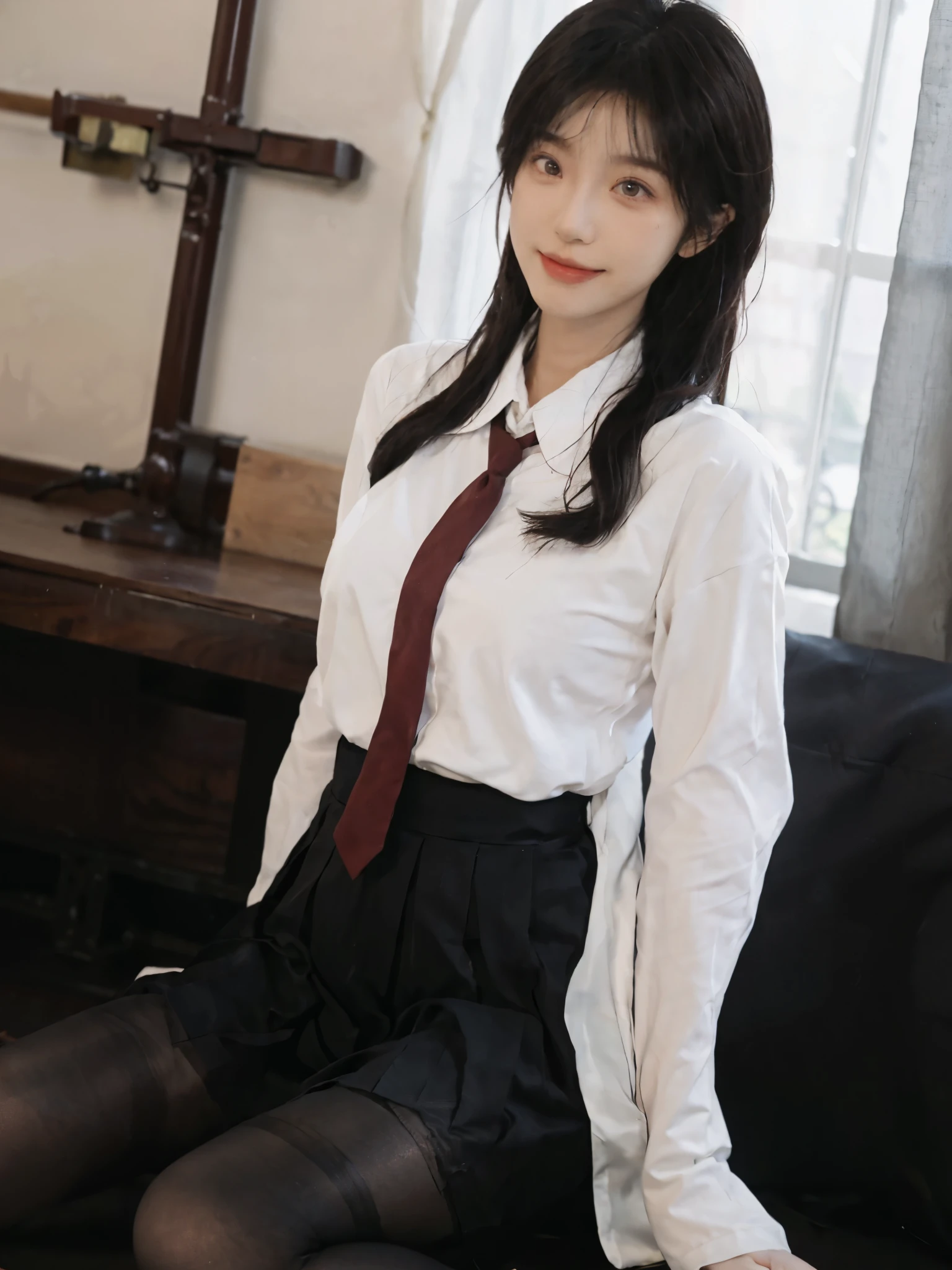 Korean school uniform、summer school uniform shirt、tight shirt、ribbon tie、skirt made of、School、School的楼梯、Emphasis on placing arms in front of chest、Slender and long、8K RAW photos、high resolution、age:18 、Incision eye、very large round breasts、Beautiful eyes are meticulous、long eyelashes、beautiful double eyelids、eye shadow、Eyeliner、slender eyes、elongate eye shape、Three white eyes、Beautiful and thin legs、Beautiful and thin thighs、Random Shorthair、tie hair back、earrings、light brown hair、(wearing pantyhose)、Thighs are very、Smile、mouth slightly open