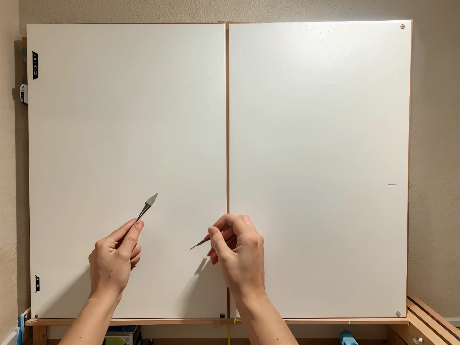 Person creating a DIY 3D wall panel using foam boards, craft glue, and an X-Acto knife.