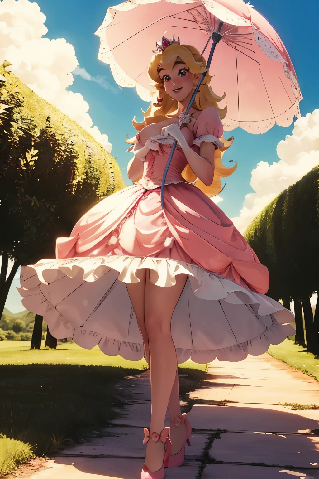 Princess Peach in the Mushroom Kingdom　has a naughty body　The wind blows and I can see my thin pubic hair under the long skirt of my pink dress.　Parasols fly high into the sky　His mouth is closed and he looks embarrassed　looking down　Both hands are holding down the skirt　
