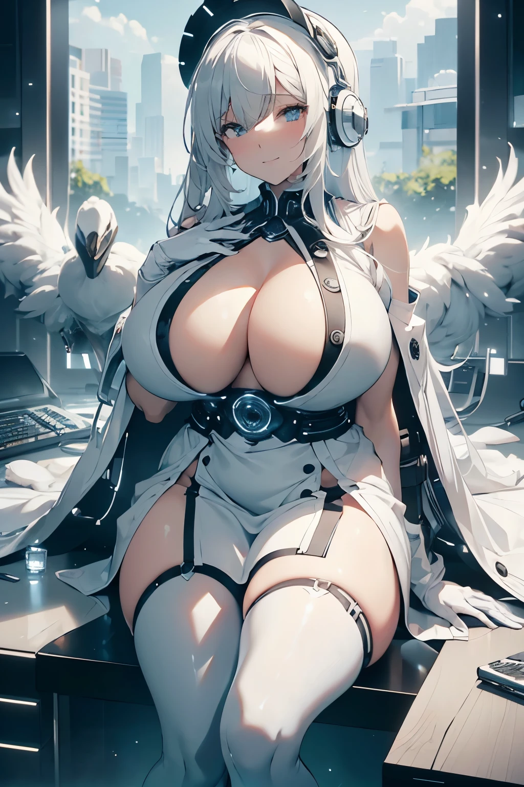 masterpiece , best quality , 1 goose AND 1 sexy girl , lab coat, doctor's white robe , (covered nipples:0.9) , (gigantic tits:1.2) , (thick arm:1.1) , thick thigh , gigantic hip , (white hair:1.1) , (plump:1.1) , surrounded by sci-fi machinery and monitor , (evil smile:1.1) ,