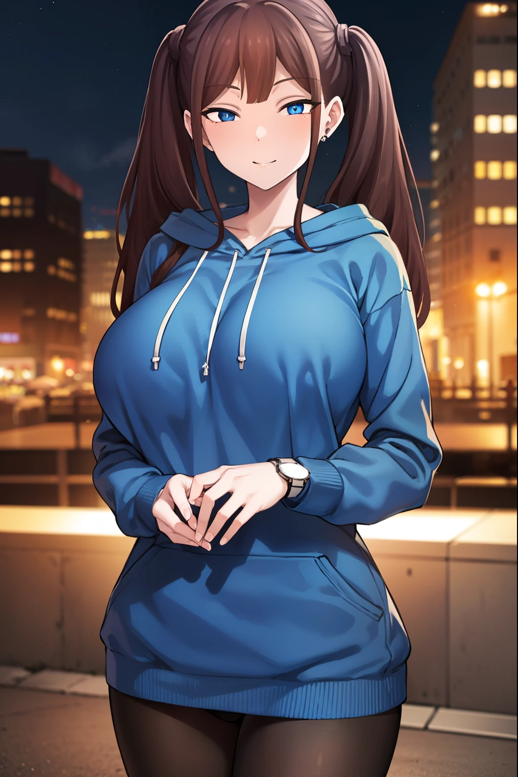 tsubamentr, tsubame ntr, long hair, blue eyes, brown hair, twintails, (large breasts:1.2), smile,
BREAK long sleeves, jewelry, pantyhose, earrings, hood, black pantyhose, hoodie, hood down, ear piercing, watch, blue hoodie,
BREAK outdoors, city, night, sky, star \(sky\),
BREAK looking at viewer, (cowboy shot:1.5),
BREAK (masterpiece:1.2), best quality, high resolution, unity 8k wallpaper, (illustration:0.8), (beautiful detailed eyes:1.6), extremely detailed face, perfect lighting, extremely detailed CG, (perfect hands, perfect anatomy),