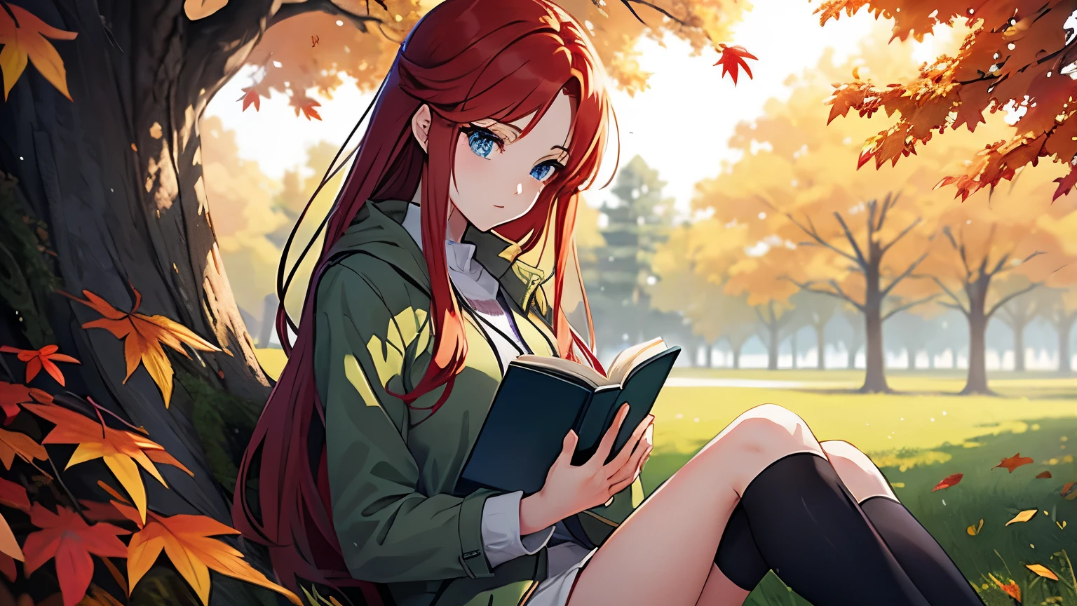 Beautiful Anime art: a woman 21 years old, with blue eyes and long red hair in a gray-green coat, sits under a tree and reads a book, autumn leaves are falling from above