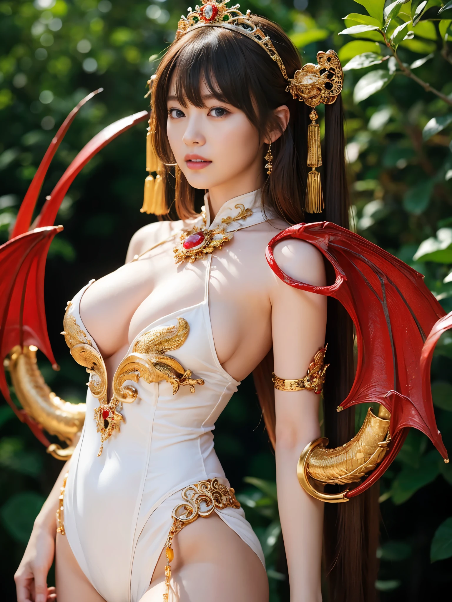 (((extremely heavy breasts)))、(Fight fiercely with dragons)、top-quality、masterpiece、超A high resolution、(White Dragon Armor)、dragon armor、(Wearing a beautiful crown made of jewels),(Photorealsitic:1.4)、Raw photo、1人、Golden hair、glowy skin、(((Chinese Dragon)))、(Gorgeous Jewelry Necklaces)、(Mystical expression)、(Fight big dragons)、With a beautiful knife、(White Metal Bodysuit)、(beautiful forest background)、Precipitous cliffs、(Small LED)、((super realistic details))、portlate、globalillumination、Shadow、octan render、(One-Eyed Scouter)、8K、ultrasharp、Colossal tits、Raw skin is exposed in cleavage、metals、Details of complex ornaments、Japan details、highly intricate detail、Realistic light、CGSoation Trends、Red Eyes、radiant eyes、Facing the camera、neon details、(Mechanical limbs)、(blood vessels connected to tubes)、Mechanical vertebrae attached to the back、mechanical cervical attaching to neck、(Wires and cables connecting to the head)、Gundam、Small LED、,Mechanical thighs、Toostock、(Hands are also made of machines)、(veils)、