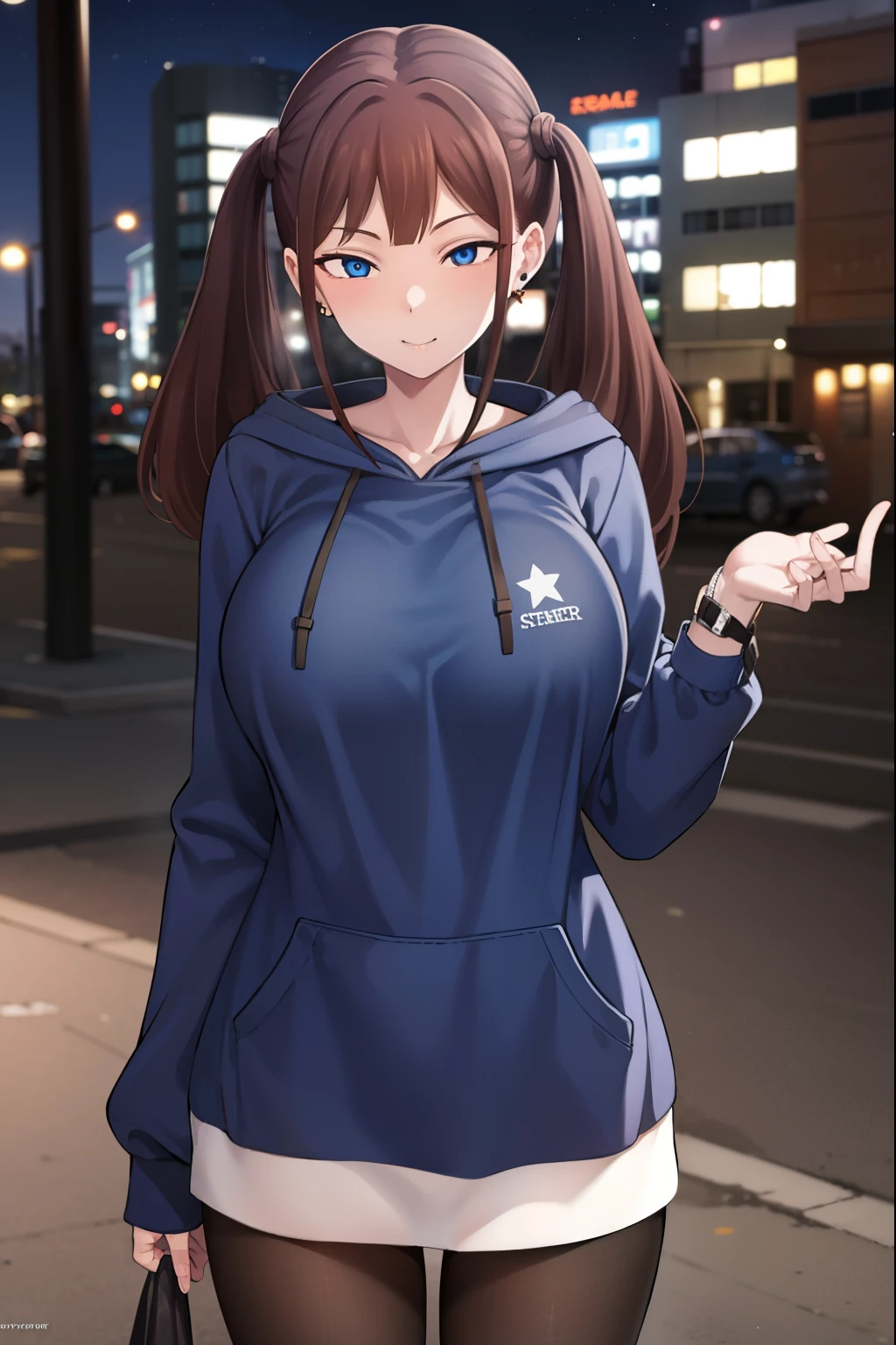 tsubamentr, tsubame ntr, long hair, blue eyes, brown hair, twintails, (large breasts:1.2), smile,
BREAK long sleeves, jewelry, pantyhose, earrings, hood, black pantyhose, hoodie, hood down, ear piercing, watch, blue hoodie,
BREAK outdoors, city, night, sky, star \(sky\),
BREAK looking at viewer, (cowboy shot:1.5),
BREAK (masterpiece:1.2), best quality, high resolution, unity 8k wallpaper, (illustration:0.8), (beautiful detailed eyes:1.6), extremely detailed face, perfect lighting, extremely detailed CG, (perfect hands, perfect anatomy),