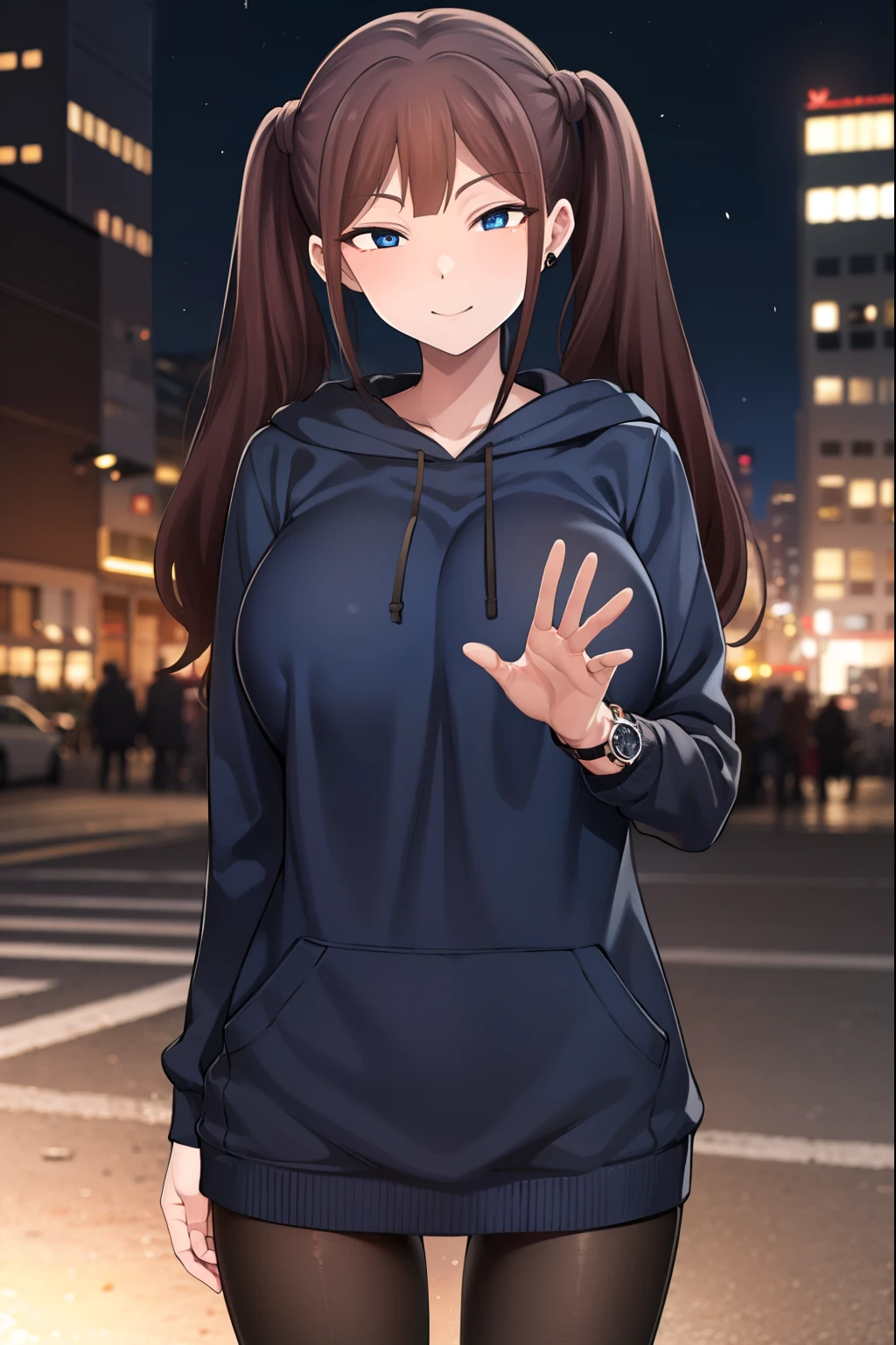 tsubamentr, tsubame ntr, long hair, blue eyes, brown hair, twintails, (large breasts:1.2), smile,
BREAK long sleeves, jewelry, pantyhose, earrings, hood, black pantyhose, hoodie, hood down, ear piercing, watch, blue hoodie,
BREAK outdoors, city, night, sky, star \(sky\),
BREAK looking at viewer, (cowboy shot:1.5),
BREAK (masterpiece:1.2), best quality, high resolution, unity 8k wallpaper, (illustration:0.8), (beautiful detailed eyes:1.6), extremely detailed face, perfect lighting, extremely detailed CG, (perfect hands, perfect anatomy),