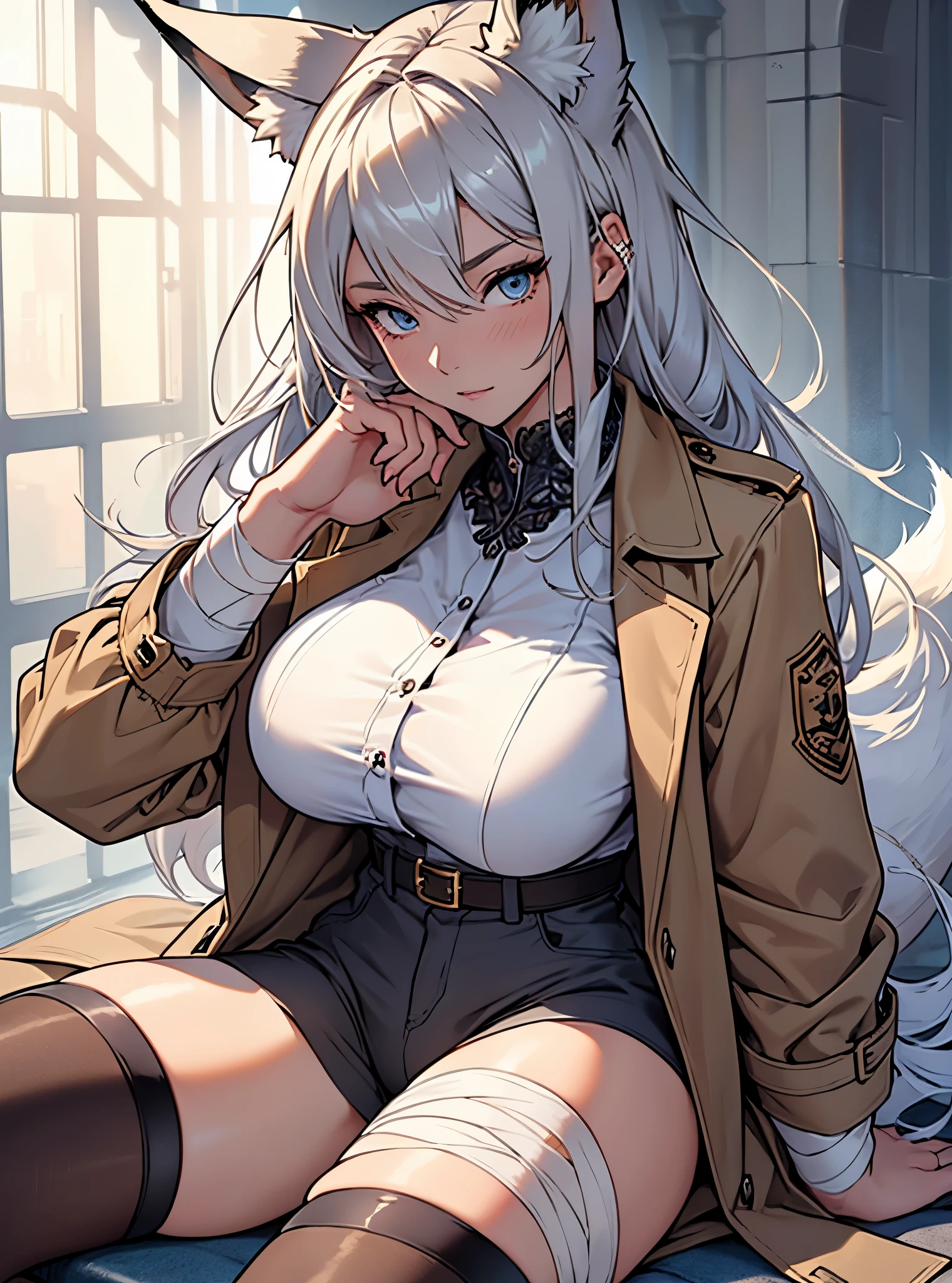 Ultra-detailed，high resolution，Ultra-detailed，Best quality，amazing，quality，intricate details，Extremely detailed CG unified 8k wallpaper，Draw a female character，Draw a 26 year old woman，silver hair，fox ears，Eyes covered with bandages，Wearing a brown trench coat，Wearing blue hot pants，huge breast，Black stockings