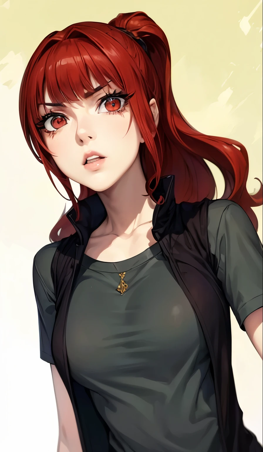 (masterpiece, best quality:1.4), (extremely detailed, 8k, uhd), cinematic shot, natural lighting, ultra highres, vibrant rich colors, (beautiful, aesthetic, perfect, delicate, intricate:1.2), (sharp focus, from front:1.3), eye level shot, 1girl, portrait of a anime girl, young, red hair, (extremely hot, attractive, beautiful, sexy, feminine:1.2) serious expression, serious look, serious eyes, expressive brown eyes, long eyelashes, relaxed,(beautiful detailed face, highly detailed skin, red eyes), gorgeous, breathtaking beauty, seductive, captivating, pale skin, perfect female figure, (slim:0.5), (wearing a dark t-shirt :1.2), (highly saturated lipstick, luscious thick lips), intricate details, daytime, award winning photography, detailed background, volumetric fx, anime, hyper-detailed
