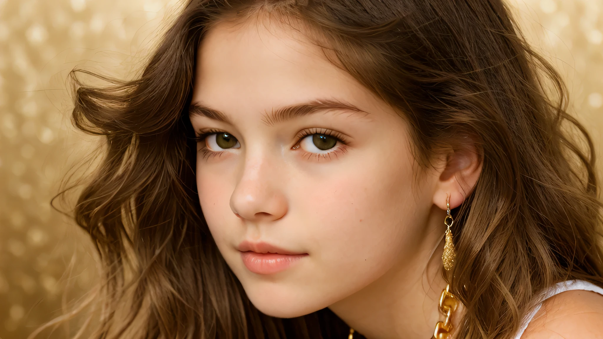 KIDS BLONDIES LONG HAIR close up, beautiful gold saint, background gold chains