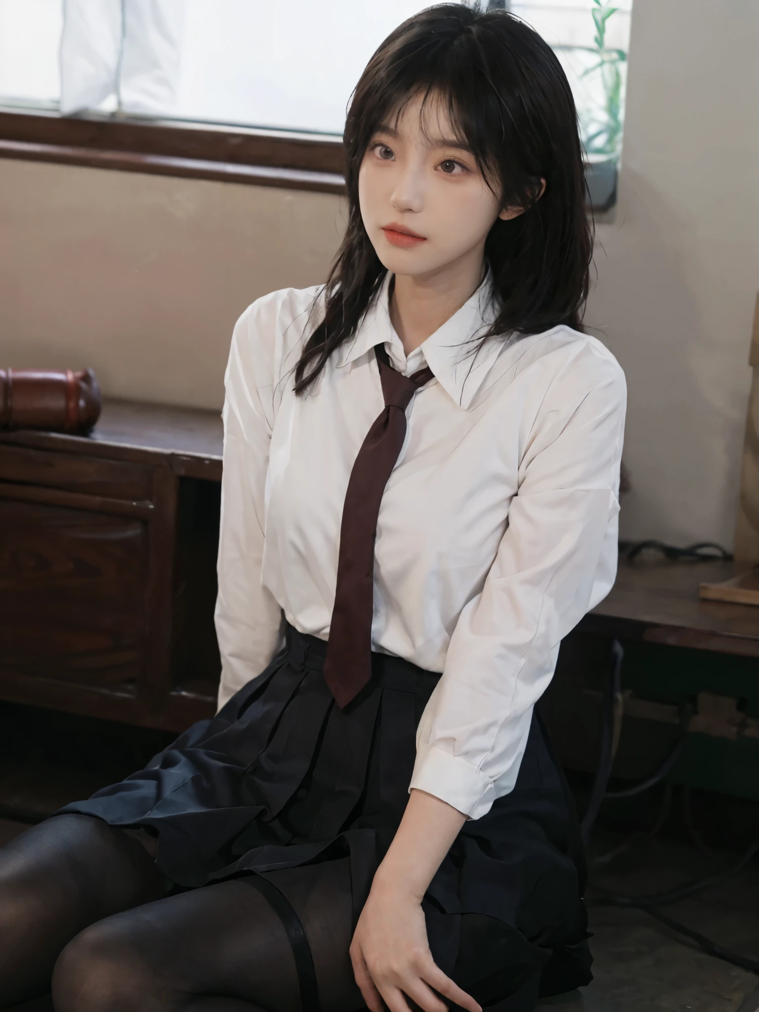 ulzang-6500-v1.1, (RAW photogr:1.2), (realisticlying:1.4),(In dimly lit interiors)(Only the thigh-up portion is shown) Beautiful Meticulous Girl, Very detailed eyes and face, beatiful detailed eyes, absurderes, Incredibly Ridiculous res(Round chest with a bit of a large size), hugefilesize, ultra - detailed, k hd, The is very detailed, best qualtiy, tmasterpiece, kemomimi, ((Japan Girls' High School Junior High School Uniform)), illustration, The is very detailed, CG, unified, 8k wallpaper, astounding, finedetail, tmasterpiece, best qualtiy, Highly detailed CG uniform 8k wallpaper, Face lighting,cinmatic lighting,1个Giant Breast Girl,20yr old,(I didn't wear panties),(Wear glasses that allow you to see the silhouette),(dynamicposes))),(camel-toe),(halfway),(Sit Pose)